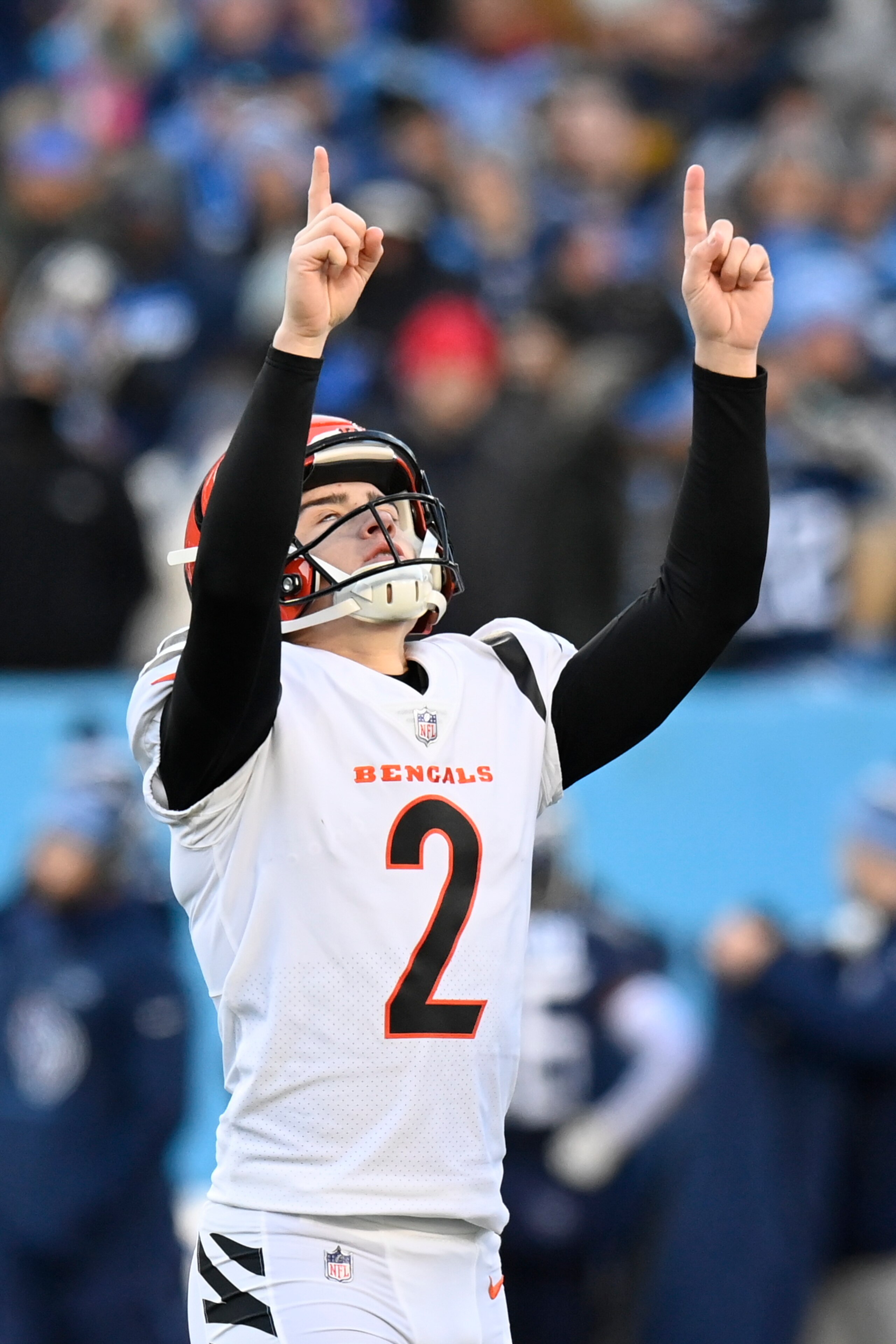 Cincinnati Bengals kicker Evan McPherson (2) reacts to hitting a 45-yard field goal against the Tennessee Titans during the first half of an NFL divisional round playoff football game, Saturday, Jan. 22, 2022, in Nashville, Tenn. (AP Photo/Mark Zaleski) Cincinnati Bengals kicker Evan McPherson (2) reacts to hitting a 45-yard field goal against the Tennessee Titans during the first half of an NFL divisional round playoff football game, Saturday, Jan. 22, 2022, in Nashville, Tenn. (AP Photo/Mark Zaleski)