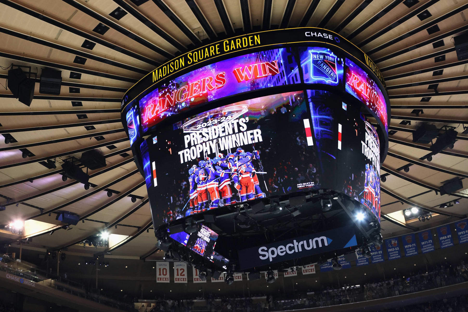 NEW YORK, NEW YORK - APRIL 15: The New York Rangers celebrate their win against the Ottawa Senators as they win the President's Trophy for best record in the league at Madison Square Garden on April 15, 2024 in New York City. The Rangers shut out the Senators 4-0. (Photo by Bruce Bennett/Getty Images)
