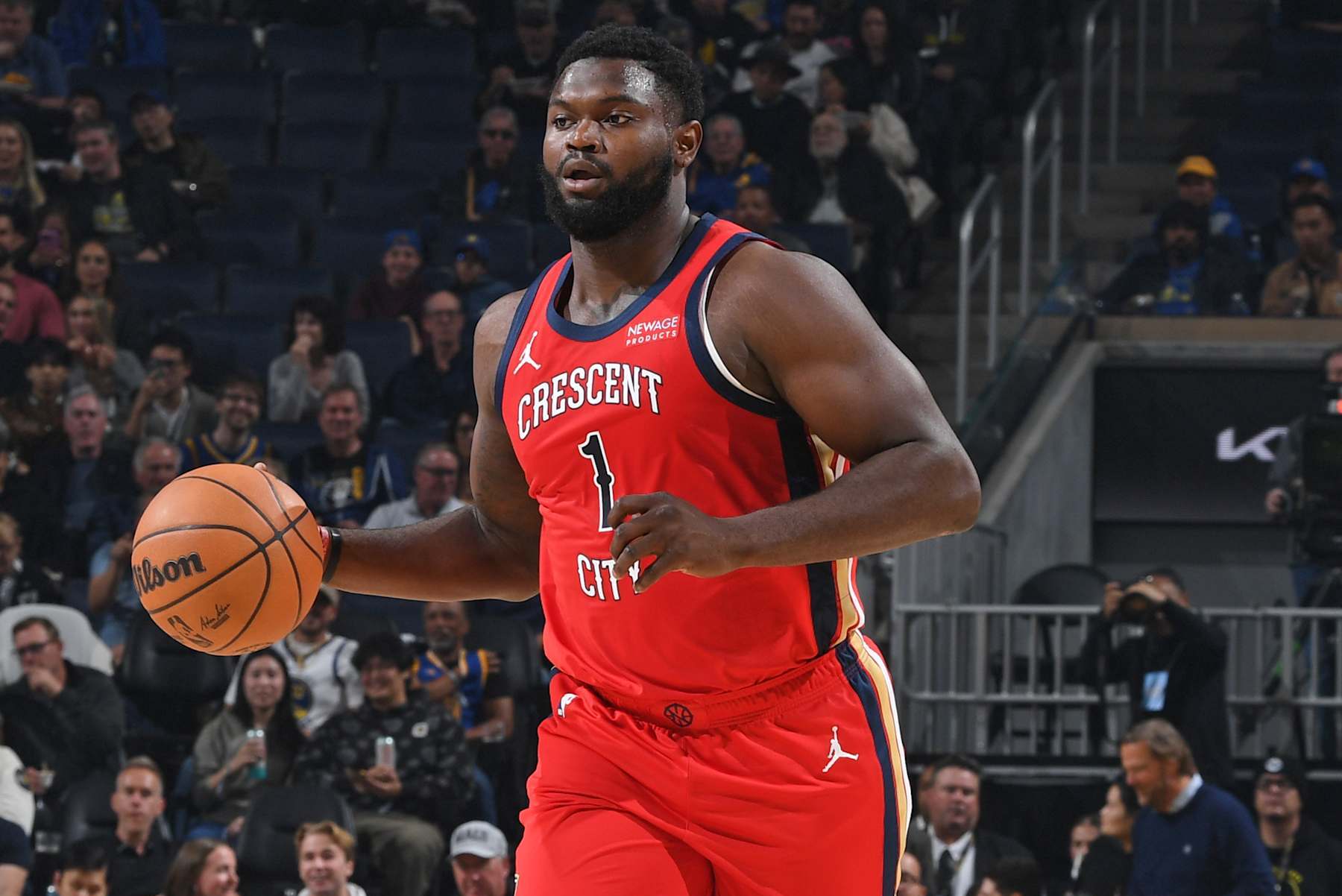 SAN FRANCISCO, CA - OCTOBER 29: Zion Williamson #1 of the New Orleans Pelicans dribbles the ball during the game against the Golden State Warriors on October 29, 2024 at Chase Center in San Francisco, California. NOTE TO USER: User expressly acknowledges and agrees that, by downloading and or using this photograph, user is consenting to the terms and conditions of Getty Images License Agreement. Mandatory Copyright Notice: Copyright 2024 NBAE (Photo by Noah Graham/NBAE via Getty Images)