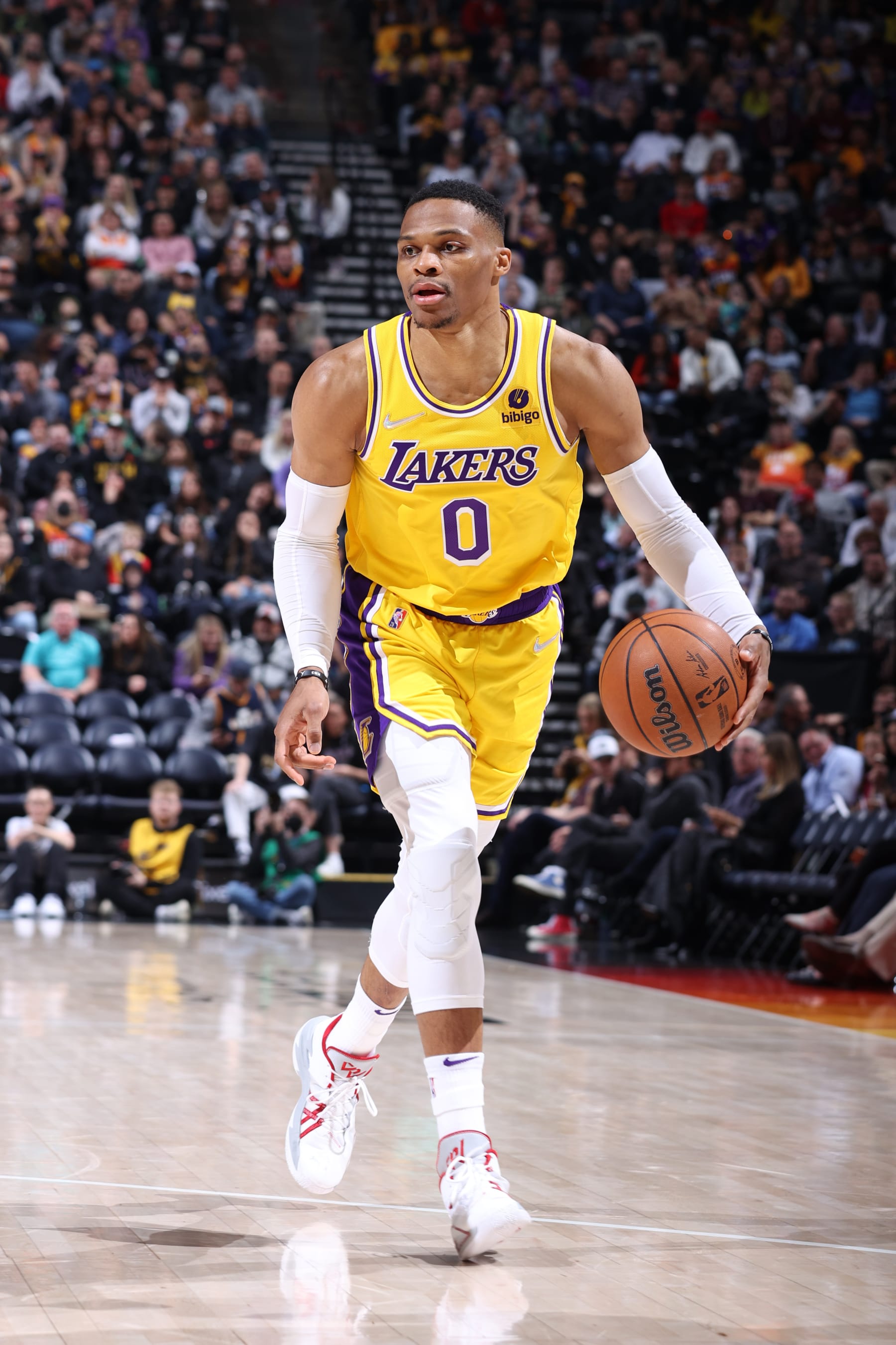 SALT LAKE CITY, UT - MARCH 31: Russell Westbrook #0 of the Los Angeles Lakers dribbles the ball during the game against the Utah Jazz on March 31, 2022 at vivint.SmartHome Arena in Salt Lake City, Utah. NOTE TO USER: User expressly acknowledges and agrees that, by downloading and or using this Photograph, User is consenting to the terms and conditions of the Getty Images License Agreement. Mandatory Copyright Notice: Copyright 2022 NBAE (Photo by Melissa Majchrzak/NBAE via Getty Images)