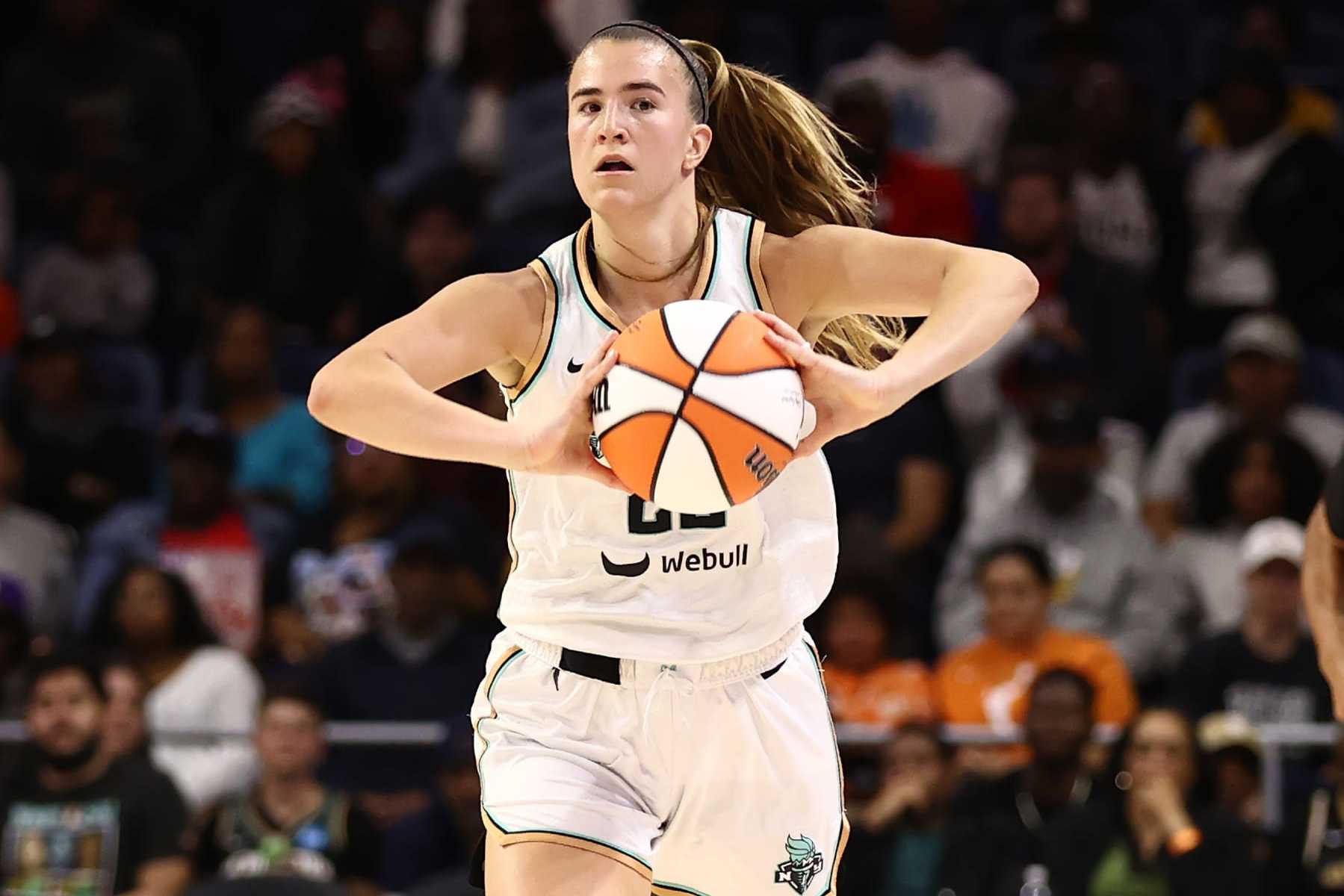 WASHINGTON, D.C - MAY 14:  Sabrina Ionescu #20 of the New York Liberty handles the ball during the game against the Washington Mystics on May 14, 2024 at Entertainment & Sports Arena in Washington, D.C.. NOTE TO USER: User expressly acknowledges and agrees that, by downloading and or using this Photograph, user is consenting to the terms and conditions of the Getty Images License Agreement. Mandatory Copyright Notice: Copyright 2024 NBAE (Photo by Kenny Giarla/NBAE via Getty Images)