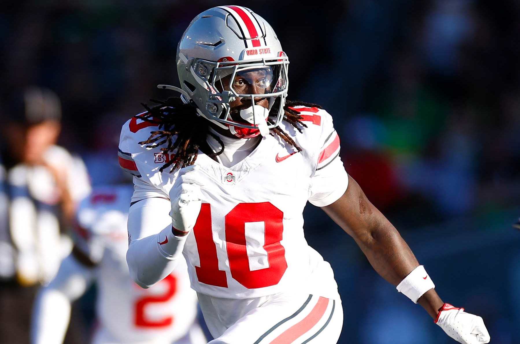EUGENE, OREGON - OCTOBER 12: Denzel Burke #10 of the Ohio State Buckeyes covers during the first half against the Oregon Ducks at Autzen Stadium on October 12, 2024 in Eugene, Oregon. (Photo by Brandon Sloter/Image Of Sport/Getty Images)