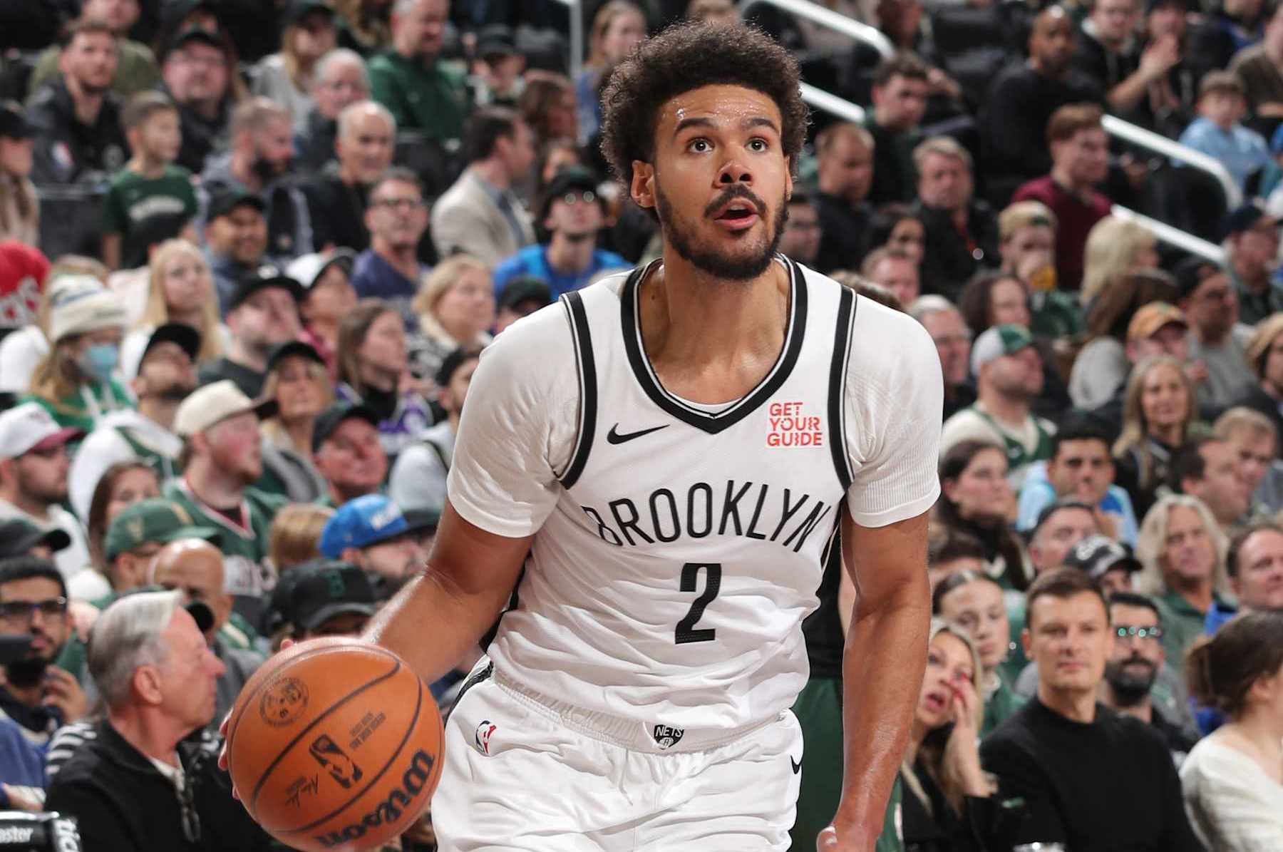 MILWAUKEE, WI - DECEMBER 26: Cameron Johnson #2 of the Brooklyn Nets drives to the basket during the game against the Milwaukee Bucks on December 26, 2024 at Fiserv Forum Center in Milwaukee, Wisconsin. NOTE TO USER: User expressly acknowledges and agrees that, by downloading and or using this Photograph, user is consenting to the terms and conditions of the Getty Images License Agreement. Mandatory Copyright Notice: Copyright 2024 NBAE (Photo by Gary Dineen/NBAE via Getty Images).
