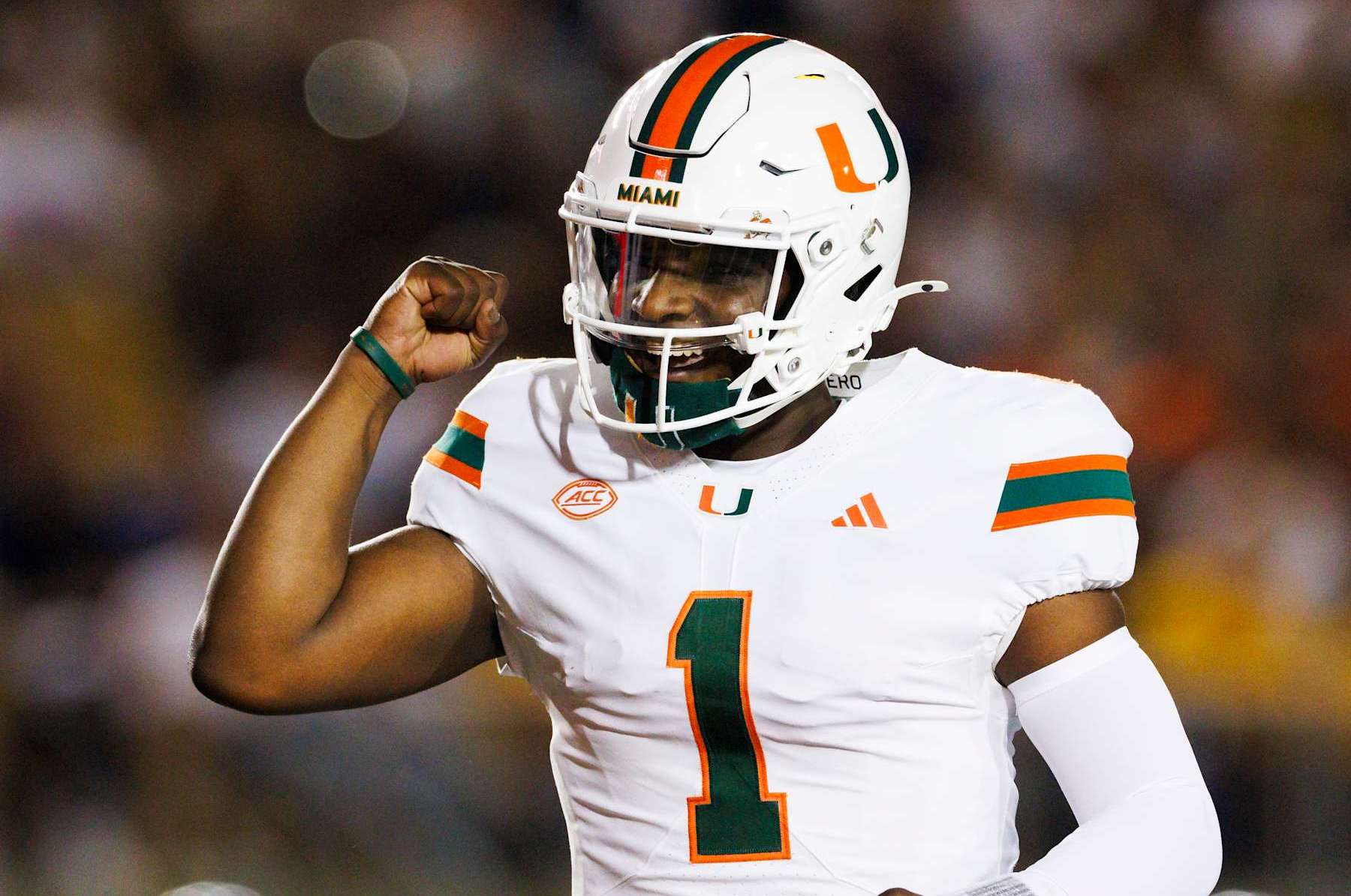 BERKELEY, CALIFORNIA - OCTOBER 5: Cam Ward #1 of the Miami Hurricanes celebrates during the first half against California Golden Bears at California Memorial Stadium on October 5, 2024 in Berkeley, California. (Photo by Ric Tapia/Getty Images)