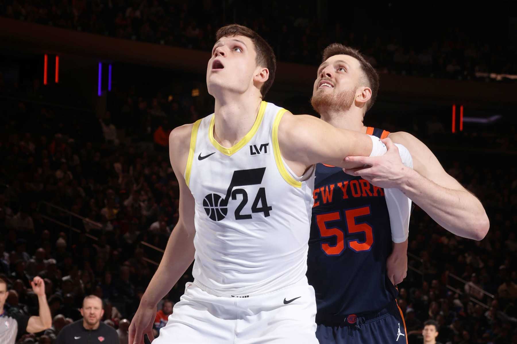 NEW YORK, NY - JANUARY 30: Walker Kessler #24 of the Utah Jazz plays defense during the game against the New York Knicks on January 30, 2024 at Madison Square Garden in New York City, New York. NOTE TO USER: User expressly acknowledges and agrees that, by downloading and or using this photograph, User is consenting to the terms and conditions of the Getty Images License Agreement. Mandatory Copyright Notice: Copyright 2024 NBAE (Photo by Nathaniel S. Butler/NBAE via Getty Images)