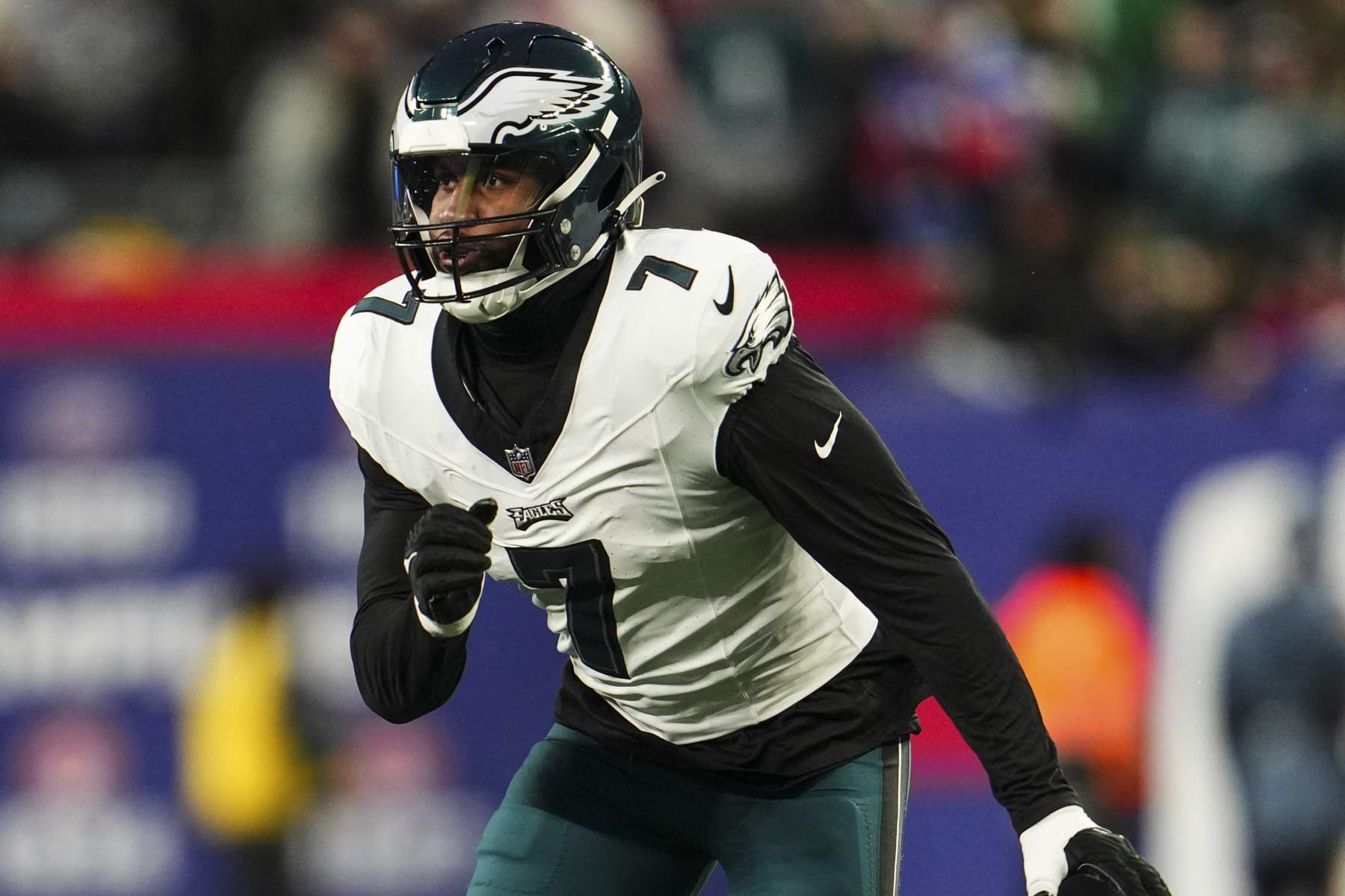EAST RUTHERFORD, NJ - JANUARY 07: Haason Reddick #7 of the Philadelphia Eagles rushes the passer during an NFL football game against the New York Giants at MetLife Stadium on January 7, 2024 in East Rutherford, New Jersey. (Photo by Cooper Neill/Getty Images)