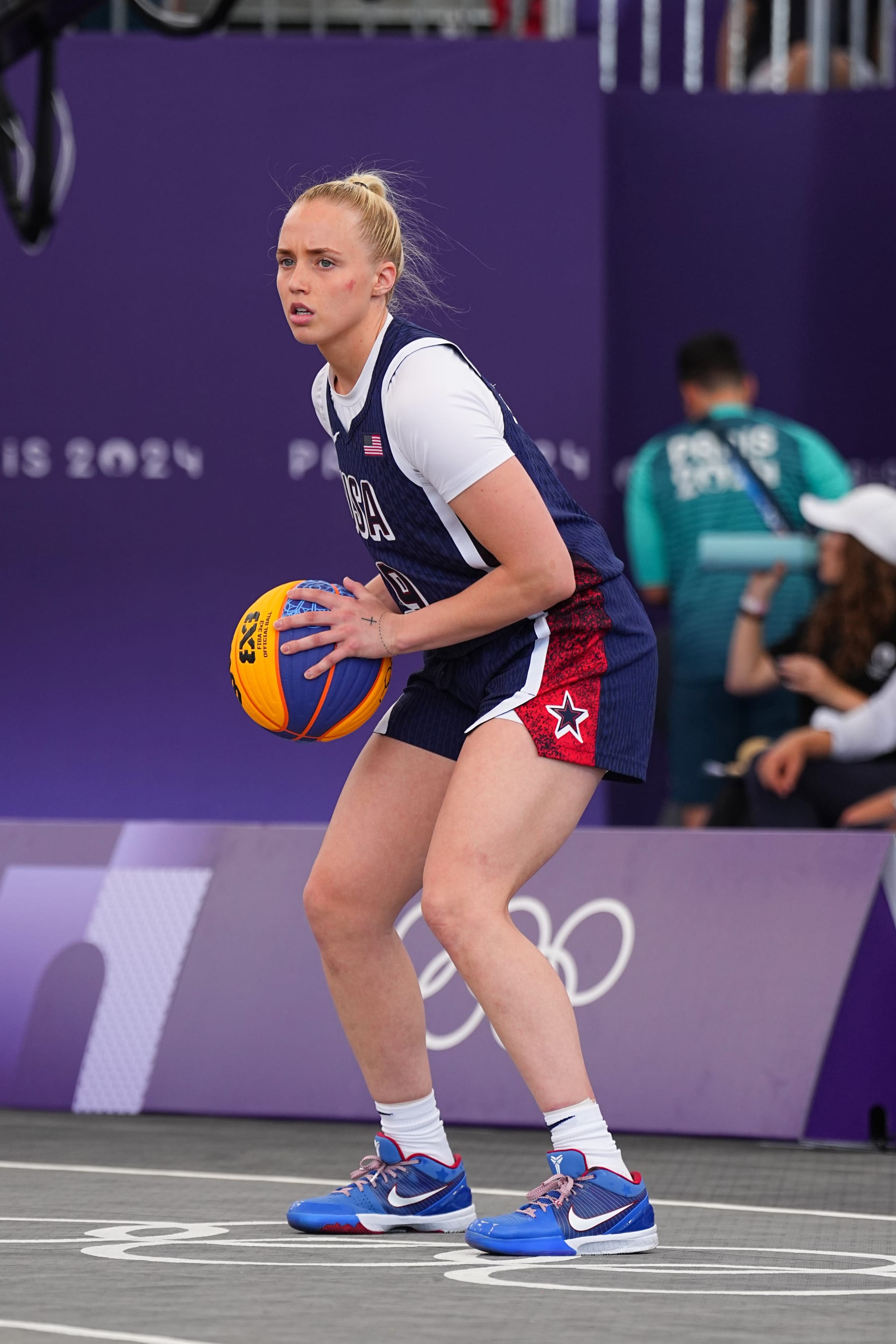 PARIS, FRANCE - AUGUST 5: Hailey Van Lith #9 of Team USA 3x3 handles the ball during the game against Team Spain 3x3 on August 5, 2024 at the Place de la Concorde in Paris, France. NOTE TO USER: User expressly acknowledges and agrees that, by downloading and/or using this photograph, user is consenting to the terms and conditions of the Getty Images License Agreement. Mandatory Copyright Notice: Copyright 2024 NBAE (Photo by Garrett Ellwood/NBAE via Getty Images)
