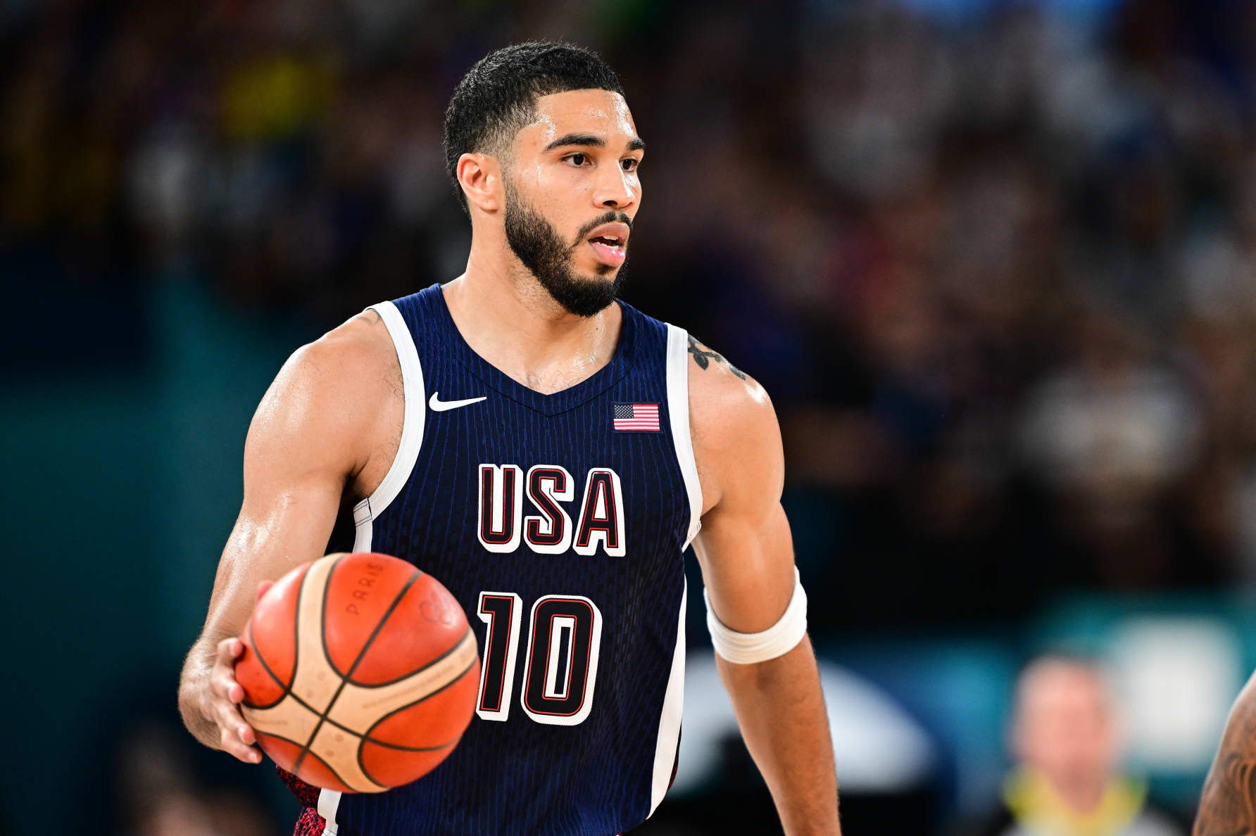 PARIS, FRANCE - AUGUST 06: Jayson Tatum of USA in action during the quarterfinal between USA and Brazil on day eleven of the Olympic Games Paris 2024 at Bercy Arena on August 06, 2024 in Paris, France. (Photo by Mehmet Murat Onel/Anadolu via Getty Images)
