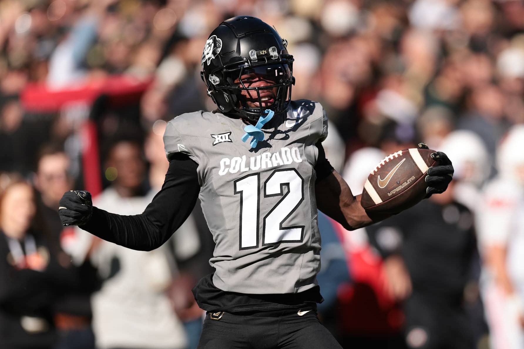 BOULDER, COLORADO - NOVEMBER 16: Travis Hunter #12 of Colorado Buffaloes celebrates catching a pass during the second quarter against the Utah Utes at Folsom Field on November 16, 2024 in Boulder, Colorado. (Photo by Andrew Wevers/Getty Images)