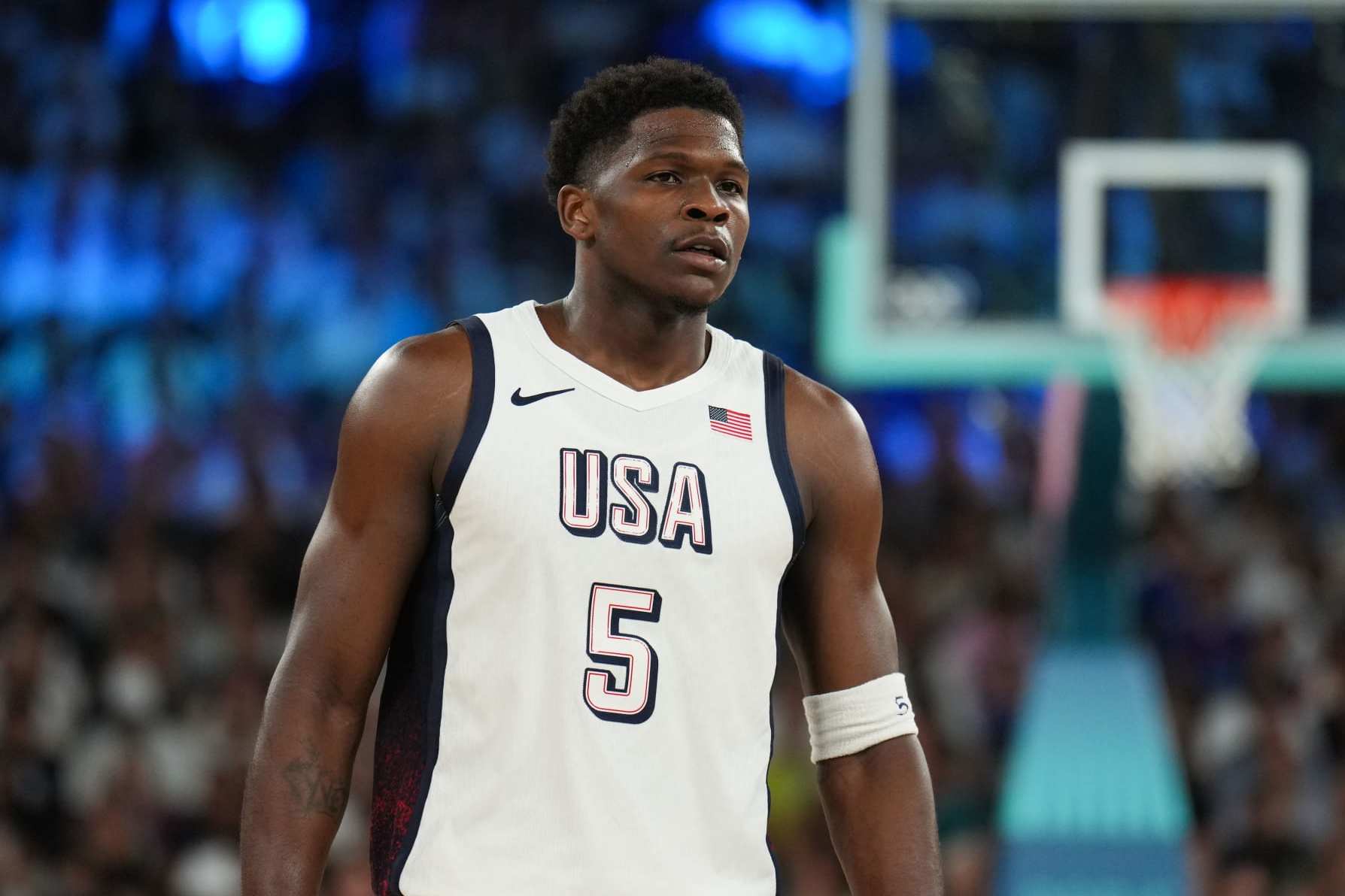 PARIS, FRANCE - AUGUST 8: Anthony Edwards #5 of the USA Men's National Team looks on during the game during the Men's Semi-Finals on August 8, 2024 at the AccorHotels Arena in Paris, France. NOTE TO USER: User expressly acknowledges and agrees that, by downloading and/or using this photograph, user is consenting to the terms and conditions of the Getty Images License Agreement. Mandatory Copyright Notice: Copyright 2024 NBAE (Photo by Jesse D. Garrabrant/NBAE via Getty Images)