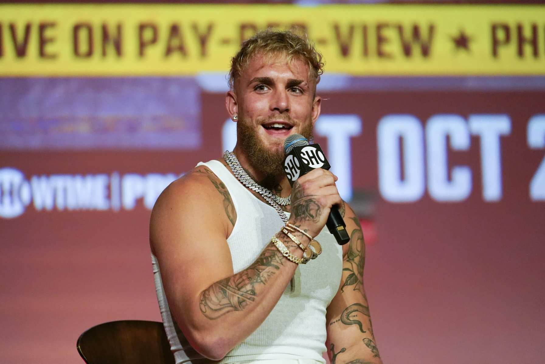 FILE - Jake Paul speaks during a news conference Monday, Sept. 12, 2022, in Los Angeles. The Professional Fighters League (PFL) announced Thursday, Jan. 5, 2023, a historic two-part exclusive partnership with Jake Paul which will accelerate PFL’s mission to innovate and grow the global sport of MMA. (AP Photo/Ashley Landis, File)