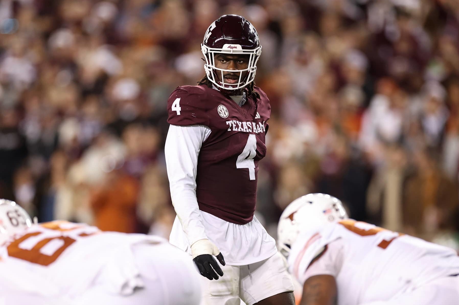 COLLEGE STATION, TEXAS - NOVEMBER 30: Shemar Stewart #4 of the Texas A&M Aggies lines up against the Texas Longhorns in the second half at Kyle Field on November 30, 2024 in College Station, Texas. (Photo by Tim Warner/Getty Images)
