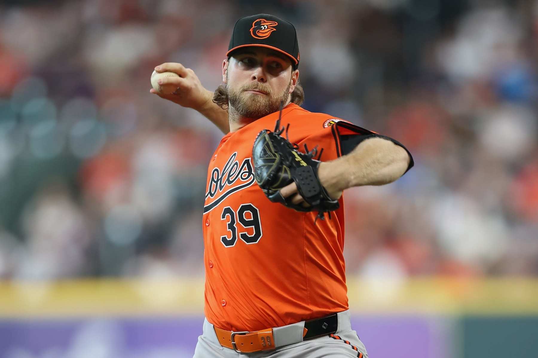 HOUSTON, TEXAS - JUNE 22: Corbin Burnes #39 of the Baltimore Orioles pitches in the first inning against the Houston Astros at Minute Maid Park on June 22, 2024 in Houston, Texas. (Photo by Tim Warner/Getty Images)