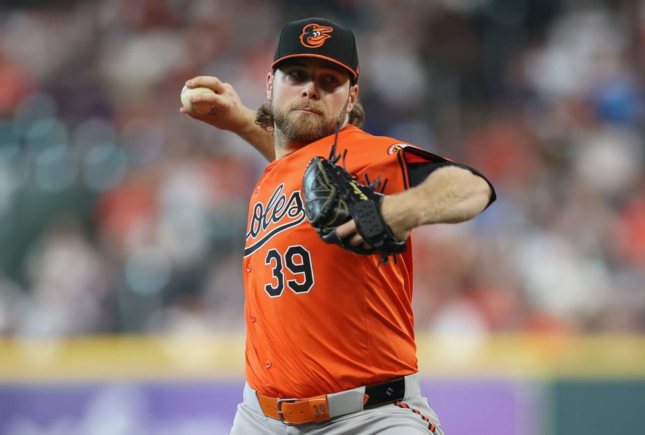 HOUSTON, TEXAS - JUNE 22: Corbin Burnes #39 of the Baltimore Orioles pitches in the first inning against the Houston Astros at Minute Maid Park on June 22, 2024 in Houston, Texas. (Photo by Tim Warner/Getty Images)