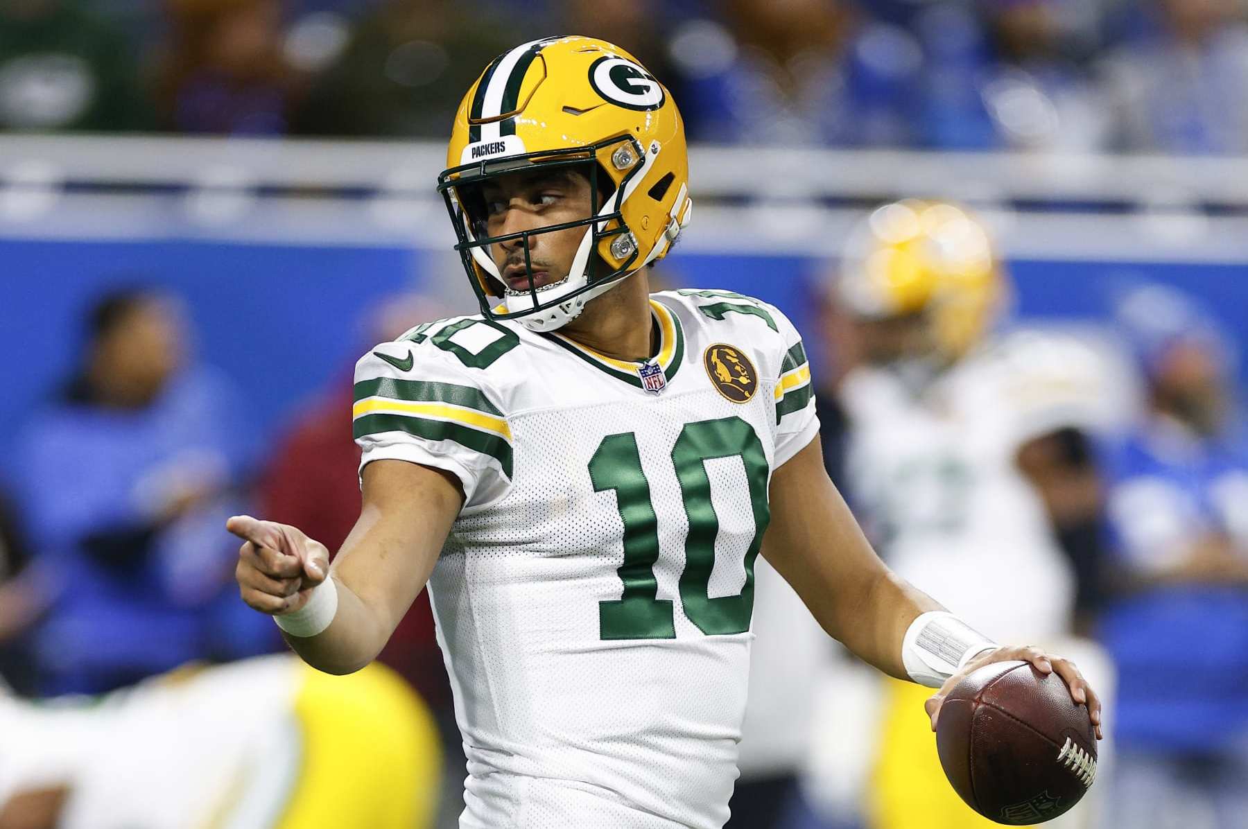 DETROIT, MICHIGAN - NOVEMBER 23: Jordan Love #10 of the Green Bay Packers warms up prior to a game against the Detroit Lions at Ford Field on November 23, 2023 in Detroit, Michigan. (Photo by Mike Mulholland/Getty Images)