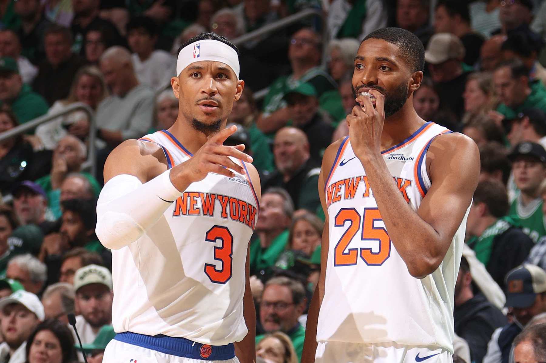BOSTON, MA - OCTOBER 22: Mikal Bridges #25 and Josh Hart #3 of the New York Knicks look on during the game against the Boston Celtics on October 22, 2024 at TD Garden in Boston, Massachusetts. NOTE TO USER: User expressly acknowledges and agrees that, by downloading and or using this Photograph, user is consenting to the terms and conditions of the Getty Images License Agreement. Mandatory Copyright Notice: Copyright 2024 NBAE (Photo by Nathaniel S. Butler/NBAE via Getty Images)