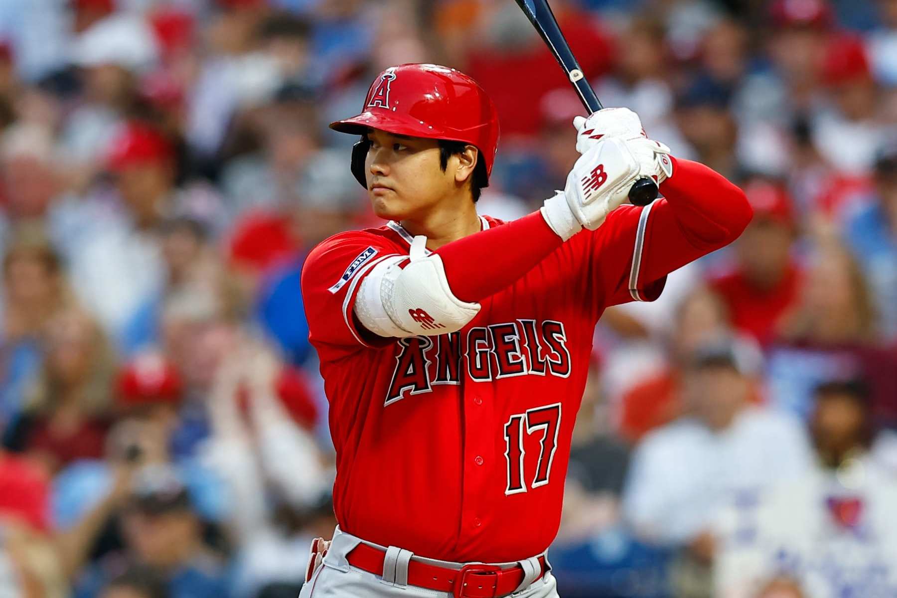 PHILADELPHIA, PA - AUGUST 28: Shohei Ohtani #17 of the Los Angeles Angels at bat during the Major League Baseball game against the Philadelphia Phillies on August 28, 2023 at Citizens Bank Park in Philadelphia, Pennsylvania. (Photo by Rich Graessle/Icon Sportswire via Getty Images)