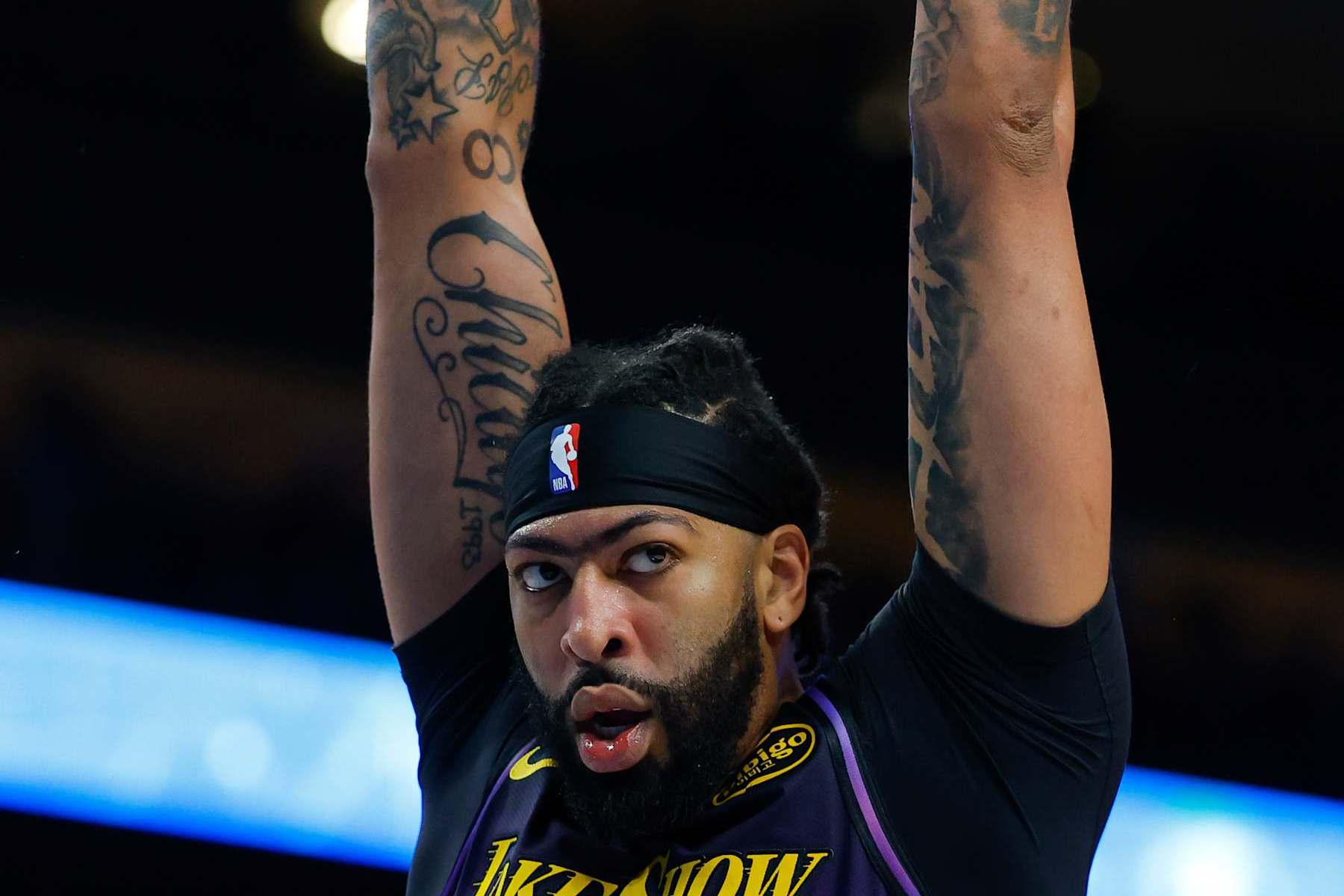 ATLANTA, GEORGIA - DECEMBER 6: Anthony Davis #3 of the Los Angeles Lakers reacts after a dunk during the first quarter against the Atlanta Hawks at State Farm Arena on December 6, 2024 in Atlanta, Georgia. NOTE TO USER: User expressly acknowledges and agrees that, by downloading and or using this photograph, User is consenting to the terms and conditions of the Getty Images License Agreement. (Photo by Todd Kirkland/Getty Images)