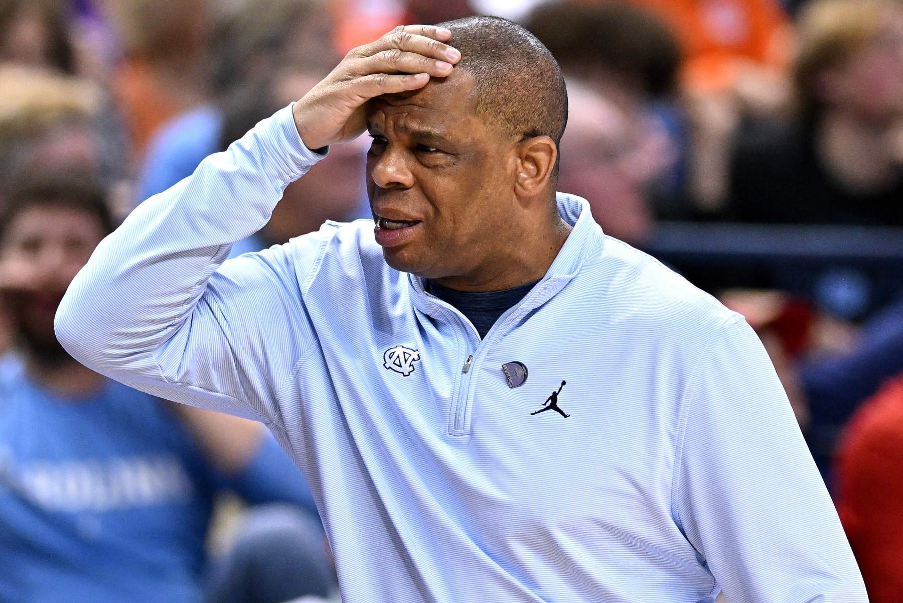 GREENSBORO, NORTH CAROLINA - MARCH 09: Head coach Hubert Davis of the North Carolina Tar Heels reacts during the second half against the Virginia Cavaliers in the quarterfinals of the ACC Basketball Tournament at Greensboro Coliseum on March 09, 2023 in Greensboro, North Carolina. (Photo by Grant Halverson/Getty Images) GREENSBORO, NORTH CAROLINA - MARCH 09: Head coach Hubert Davis of the North Carolina Tar Heels reacts during the second half against the Virginia Cavaliers in the quarterfinals of the ACC Basketball Tournament at Greensboro Coliseum on March 09, 2023 in Greensboro, North Carolina. (Photo by Grant Halverson/Getty Images)