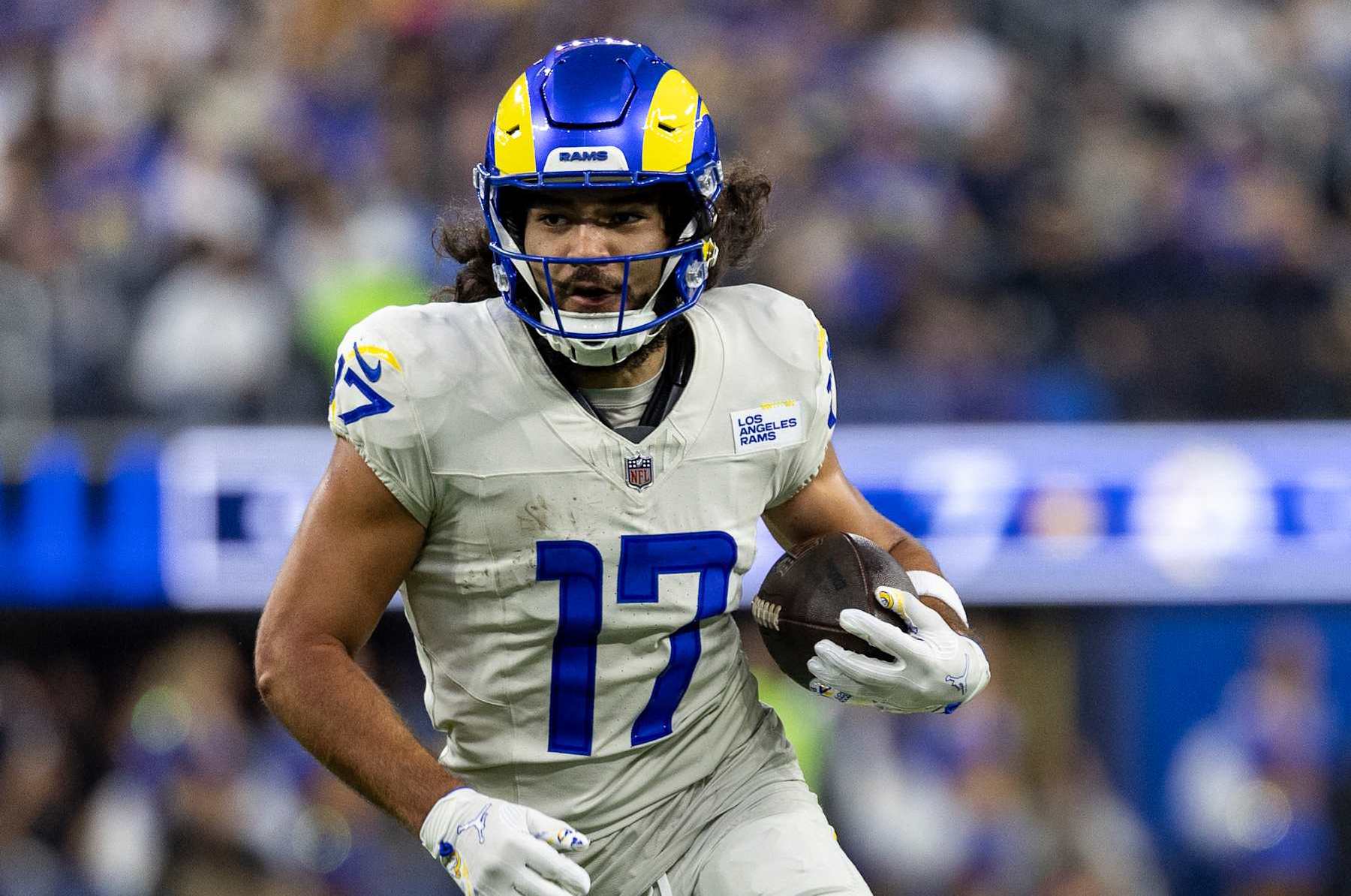 INGLEWOOD, CALIFORNIA - OCTOBER 24: Puka Nacua #17 of the Los Angeles runs with the ball during an NFL Football game against the Minnesota Vikings at SoFi Stadium on October 24, 2024 in Inglewood, California. (Photo by Michael Owens/Getty Images)
