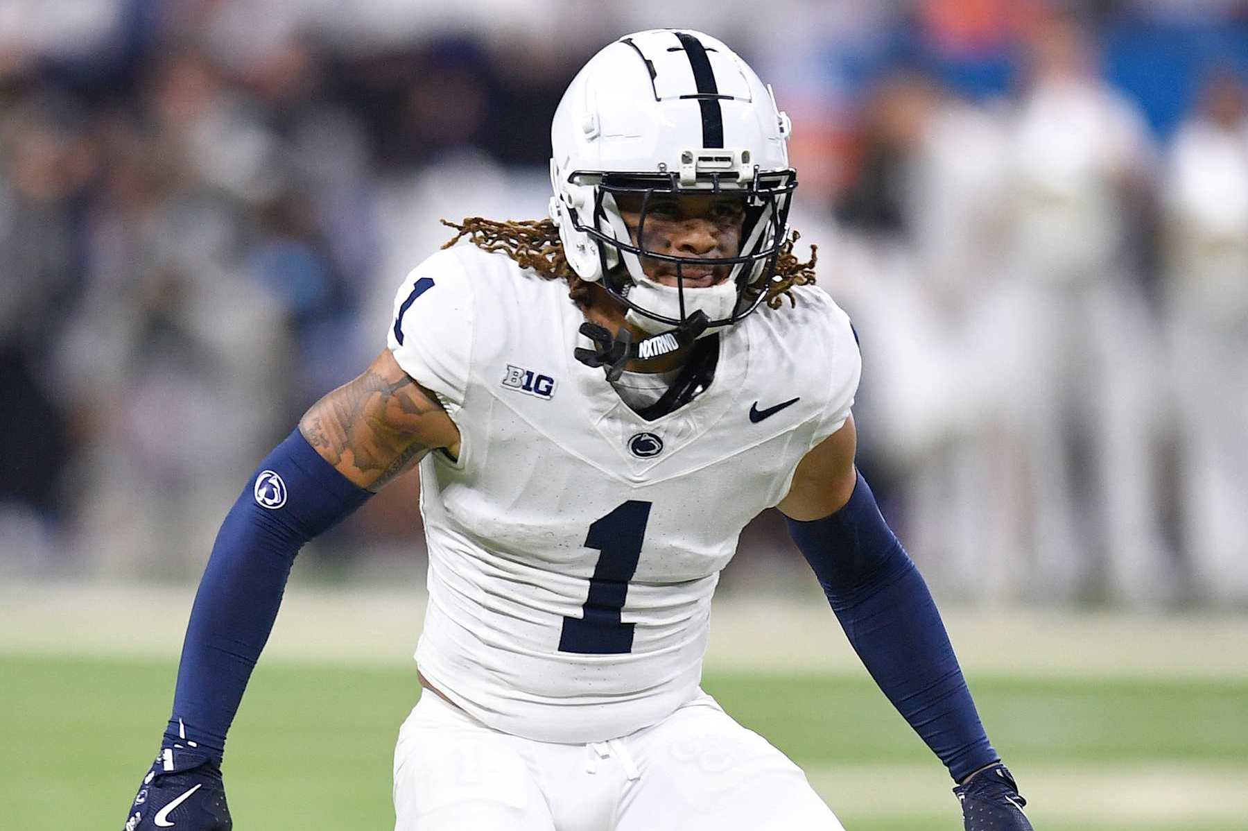 INDIANAPOLIS, IN - DECEMBER 07: Penn State Nittany Lions Safety Jaylen Reed (1) defends during the Big Ten Championship football game between the Penn State Nittany Lions and the Oregon Ducks on December 7, 2024, at Lucas Oil Stadium in Indianapolis, Indiana. (Photo by Michael Allio/Icon Sportswire via Getty Images)