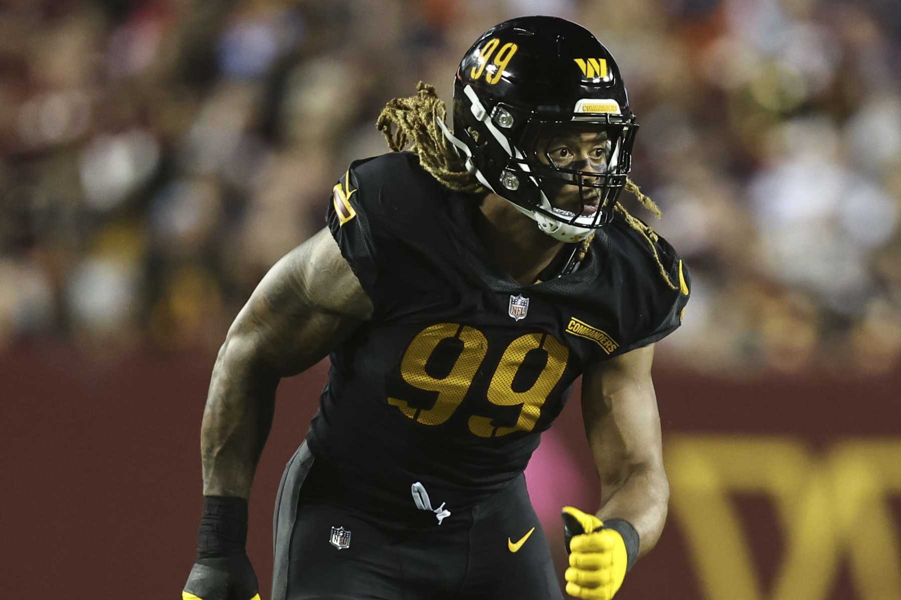 LANDOVER, MARYLAND - OCTOBER 05: Chase Young #99 of the Washington Commanders runs around the edge during an NFL football game between the Washington Commanders and the Chicago Bears at FedExField on October 05, 2023 in Landover, Maryland. (Photo by Michael Owens/Getty Images)