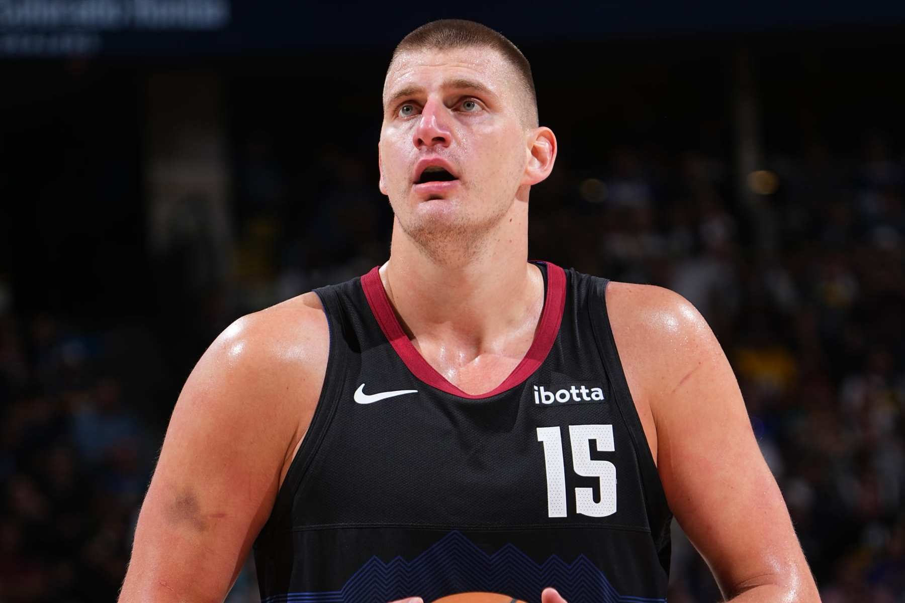 DENVER, CO - MAY 14: Nikola Jokic #15 of the Denver Nuggets prepares to shoot a free throw against the Minnesota Timberwolves during Round 2 Game 5 of the of the 2024 NBA Playoffs on May 14, 2024 at the Ball Arena in Denver, Colorado. NOTE TO USER: User expressly acknowledges and agrees that, by downloading and/or using this Photograph, user is consenting to the terms and conditions of the Getty Images License Agreement. Mandatory Copyright Notice: Copyright 2024 NBAE (Photo by Garrett Ellwood/NBAE via Getty Images)