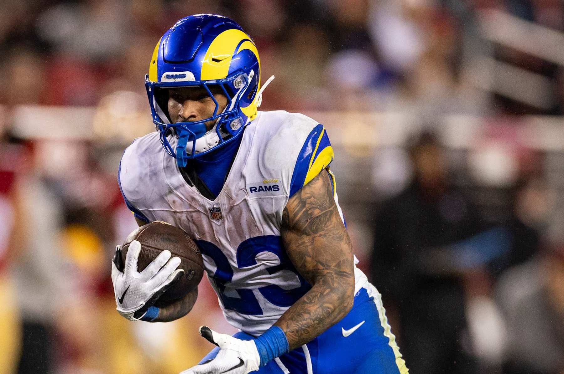 SANTA CLARA, CALIFORNIA - DECEMBER 12: Kyren Williams #23 of the Los Angeles Rams runs with the ball during an NFL Football game against the San Francisco 49ers at Levi's Stadium on December 12, 2024 in Santa Clara, California. (Photo by Michael Owens/Getty Images)