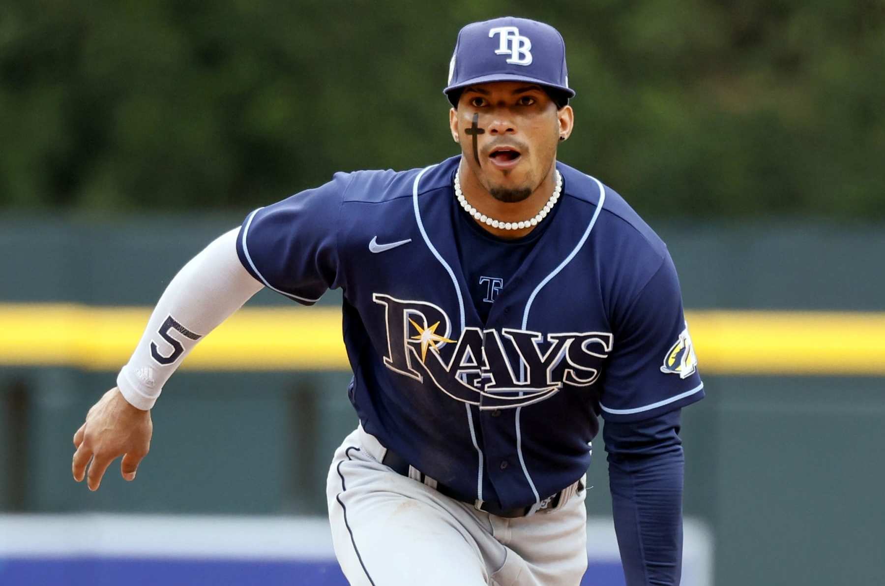 DETROIT, MI -  AUGUST 6:  Shortstop Wander Franco #5 of the Tampa Bay Rays during a game against the Detroit Tigers at Comerica Park on August 6, 2023 in Detroit, Michigan. (Photo by Duane Burleson/Getty Images)