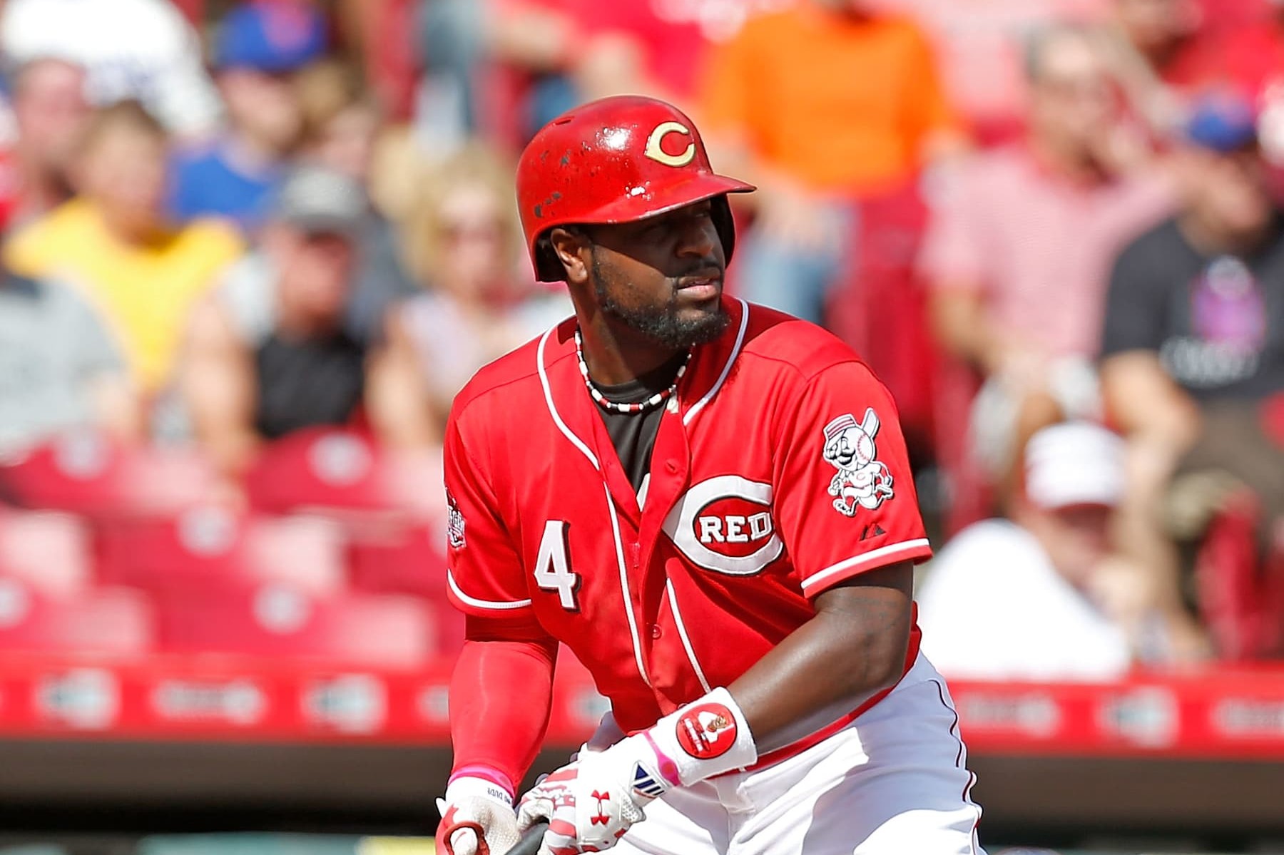 CINCINNATI, OH - SEPTEMBER 27: Brandon Phillips #4 of the Cincinnati Reds takes an at bat during the game against the New York Mets at Great American Ball Park on September 27, 2015 in Cincinnati, Ohio. New York defeated Cincinnati 8-1. (Photo by Kirk Irwin/Getty Images)