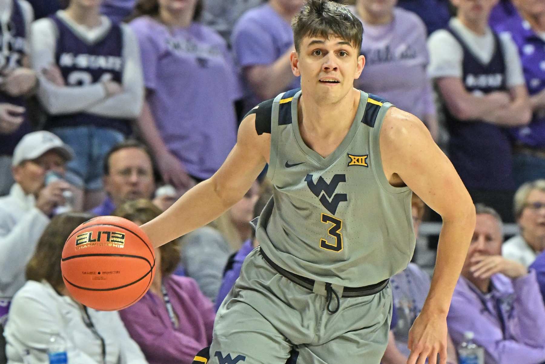 MANHATTAN, KS - FEBRUARY 26:  Kerr Kriisa #3 of the West Virginia Mountaineers dribbles the ball up court against the Kansas State Wildcats in the first half at Bramlage Coliseum on February 26, 2024 in Manhattan, Kansas.  (Photo by Peter G. Aiken/Getty Images)