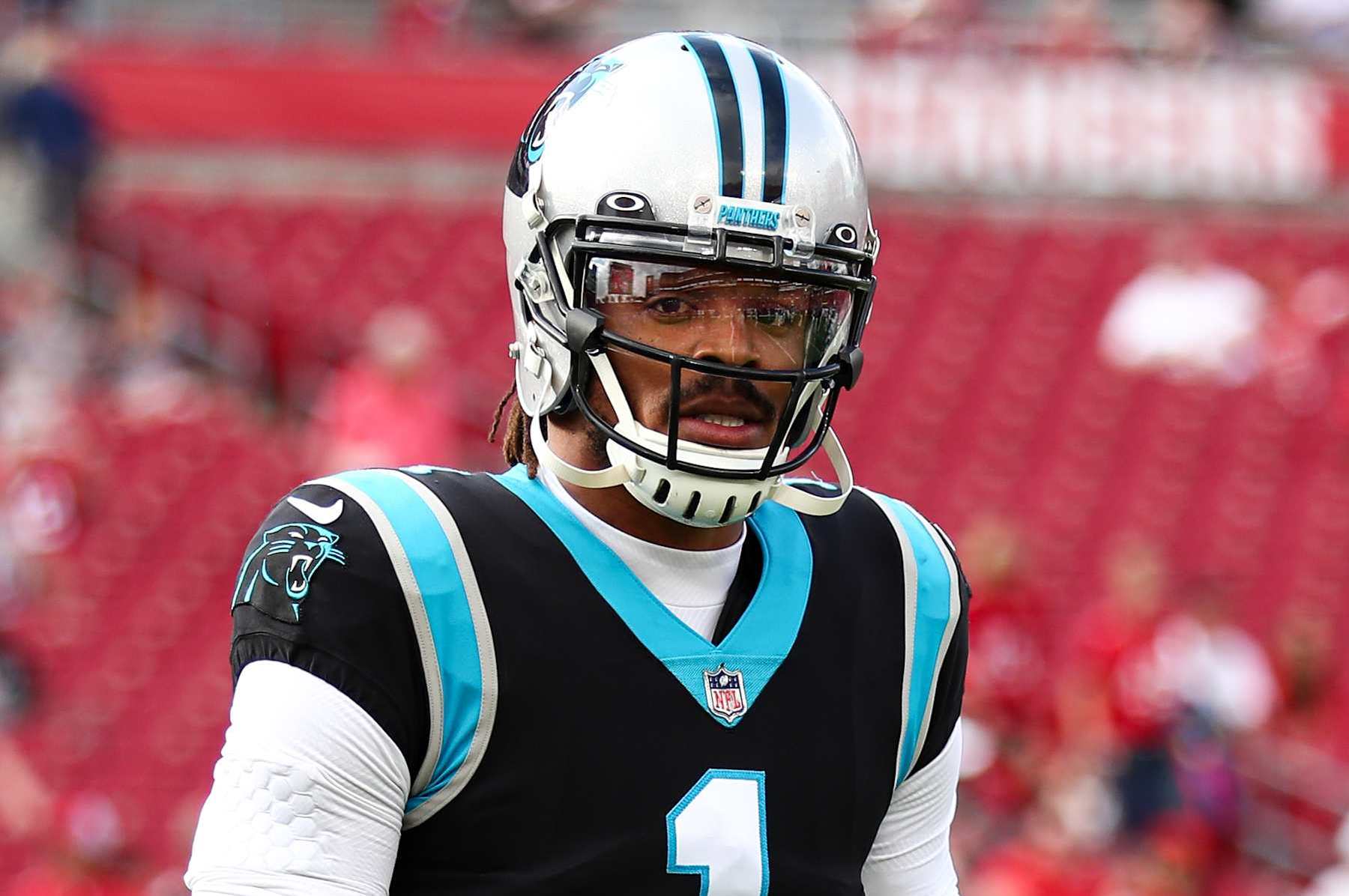 TAMPA, FL - JANUARY 9: Cam Newton #1 of the Carolina Panthers warms up prior to an NFL game against the Tampa Bay Buccaneers at Raymond James Stadium on January 9, 2022 in Tampa, Florida. (Photo by Kevin Sabitus/Getty Images)