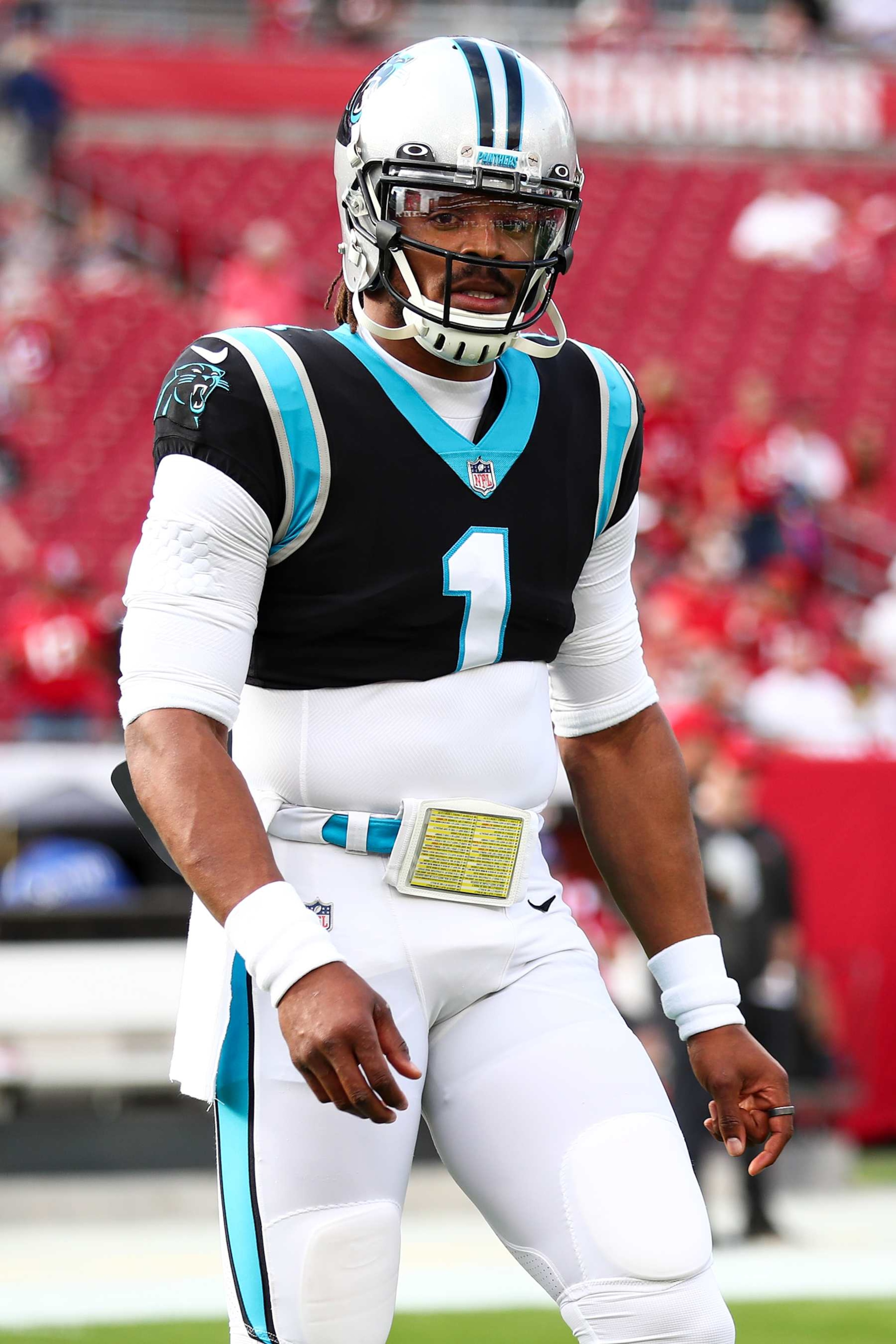 TAMPA, FL - JANUARY 9: Cam Newton #1 of the Carolina Panthers warms up prior to an NFL game against the Tampa Bay Buccaneers at Raymond James Stadium on January 9, 2022 in Tampa, Florida. (Photo by Kevin Sabitus/Getty Images)