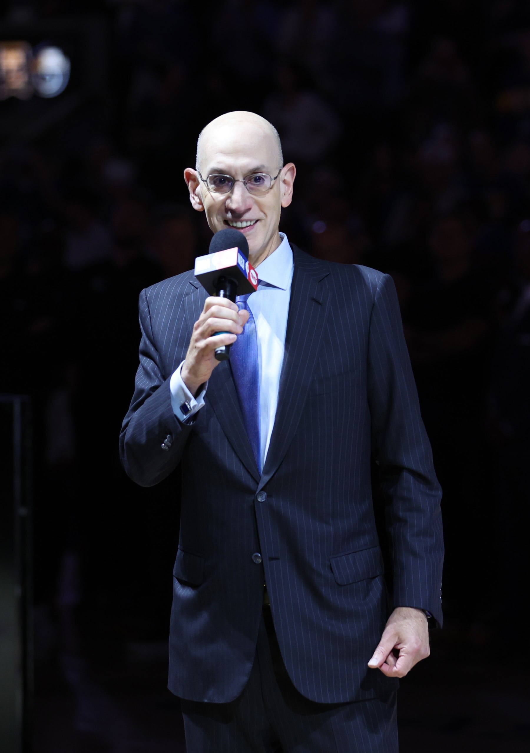 SAN FRANCISCO, CALIFORNIA - OCTOBER 18: NBA Commissioner Adam Silver speaks to the crowd during a ceremony prior to the game between the Los Angeles Lakers and the Golden State Warriors at Chase Center on October 18, 2022 in San Francisco, California. NOTE TO USER: User expressly acknowledges and agrees that, by downloading and or using this photograph, User is consenting to the terms and conditions of the Getty Images License Agreement. (Photo by Ezra Shaw/Getty Images)