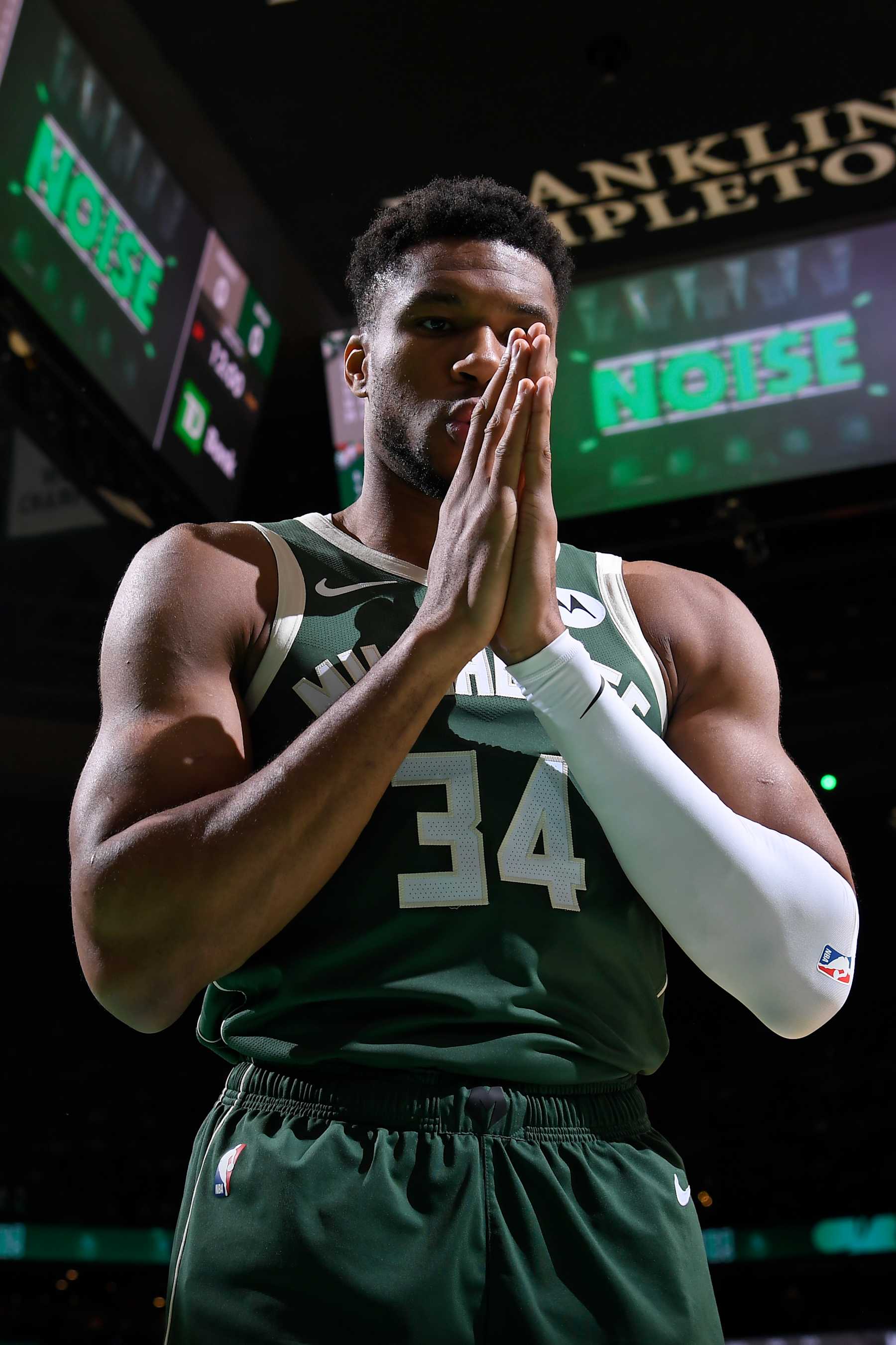 BOSTON, MA - OCTOBER 28: Giannis Antetokounmpo #34 of the Milwaukee Bucks looks on during the game against the Boston Celtics on October 28, 2024 at TD Garden in Boston, Massachusetts. NOTE TO USER: User expressly acknowledges and agrees that, by downloading and/or using this Photograph, user is consenting to the terms and conditions of the Getty Images License Agreement. Mandatory Copyright Notice: Copyright 2024 NBAE (Photo by Brian Babineau/NBAE via Getty Images)