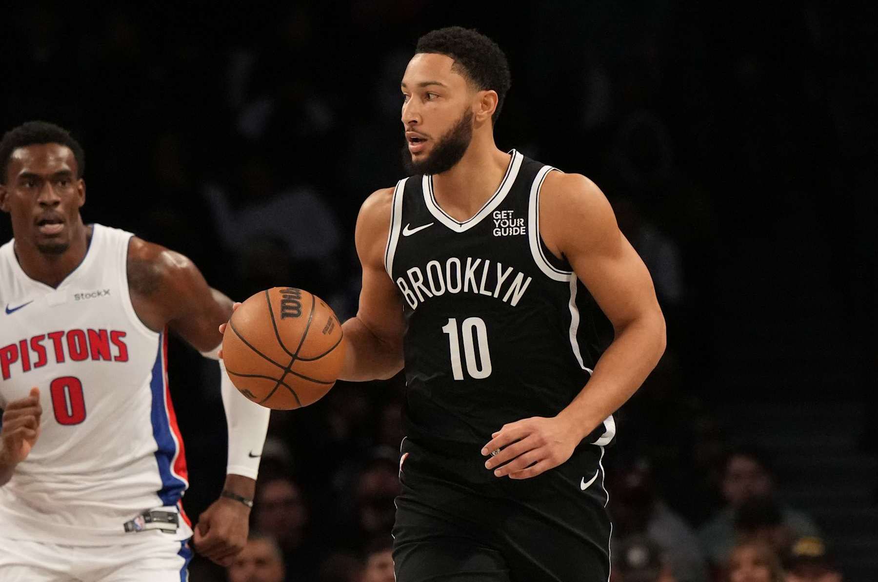 BROOKLYN, NY - NOVEMBER 3: Ben Simmons #10 of the Brooklyn Nets dribbles the ball during the game against the Detroit Pistons on November 3, 2024 at Barclays Center in Brooklyn, New York. NOTE TO USER: User expressly acknowledges and agrees that, by downloading and or using this Photograph, user is consenting to the terms and conditions of the Getty Images License Agreement. Mandatory Copyright Notice: Copyright 2024 NBAE (Photo by Jesse D. Garrabrant/NBAE via Getty Images)