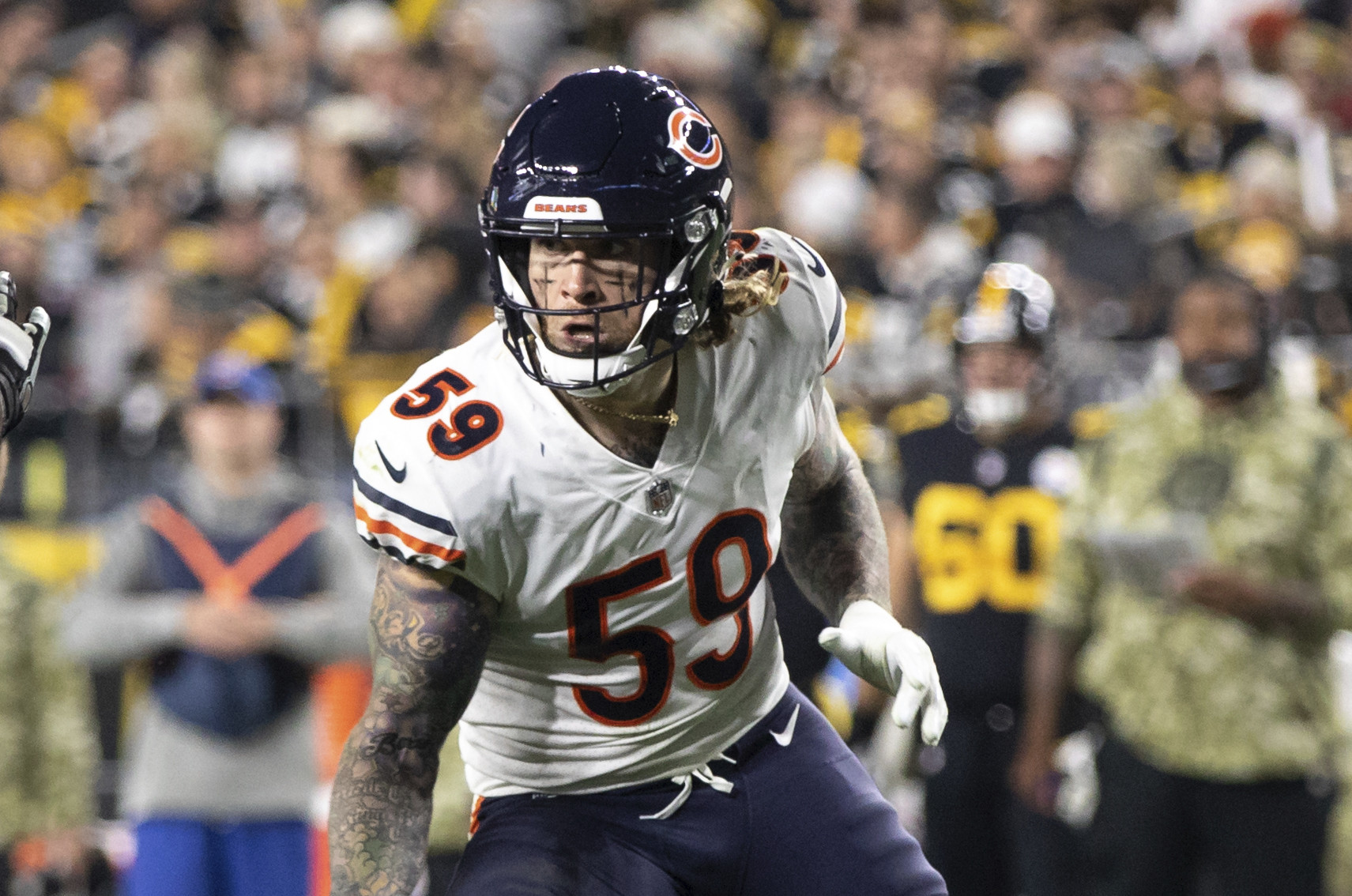 Chicago Bears linebacker Cassius Marsh defends during (59) an NFL football game, Monday, November 8, 2021 in Pittsburgh. (AP Photo/Matt Durisko)