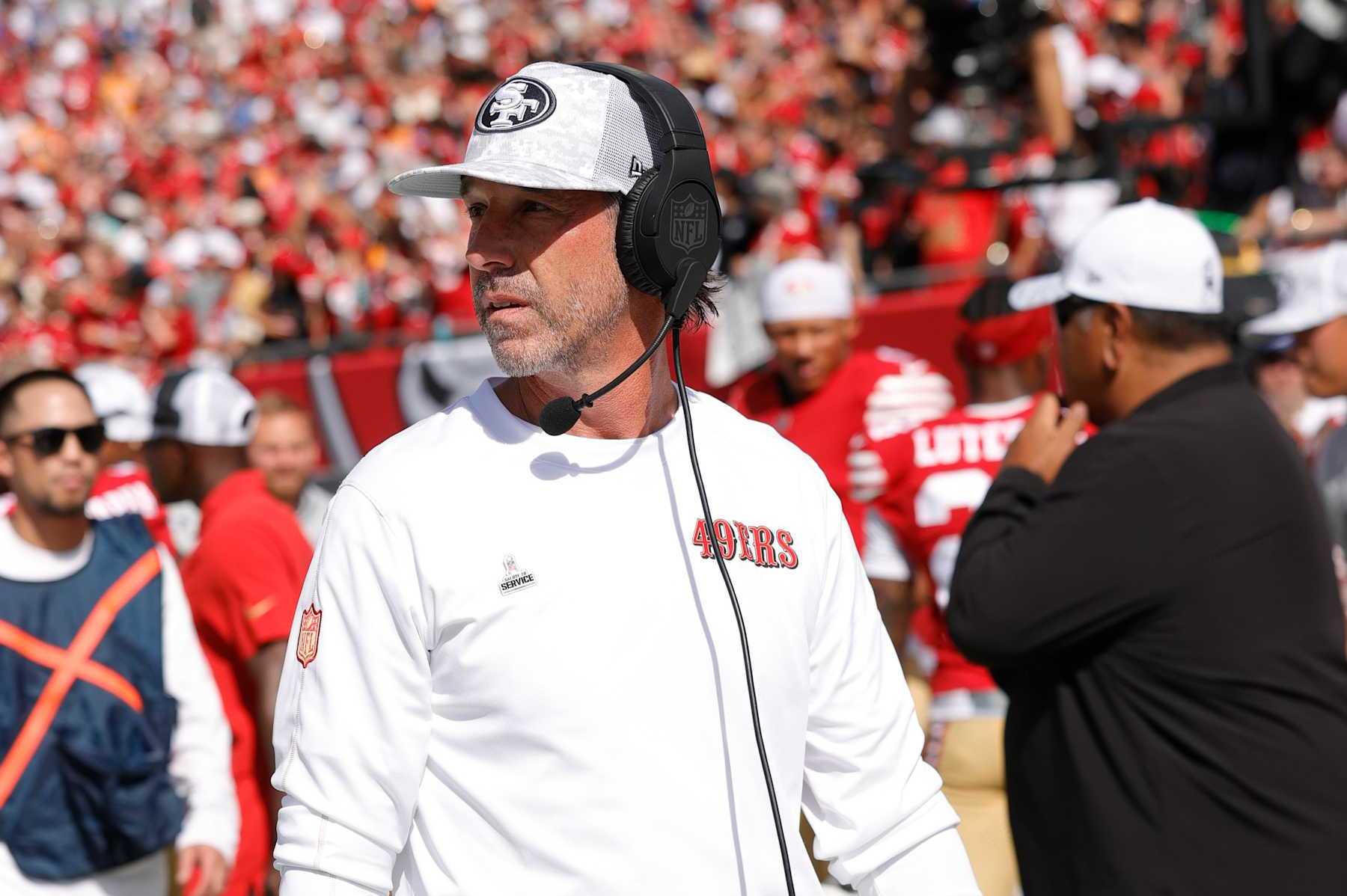 TAMPA, FL - NOVEMBER 10: Head Coach Kyle Shanahan of the San Francisco 49ers on the sideline before the game against the Tampa Bay Buccaneers at Raymond James Stadium on November 10, 2024 in Tampa, Florida. The 49ers defeated the Buccaneers 23-20. (Photo by Michael Zagaris/San Francisco 49ers/Getty Images)