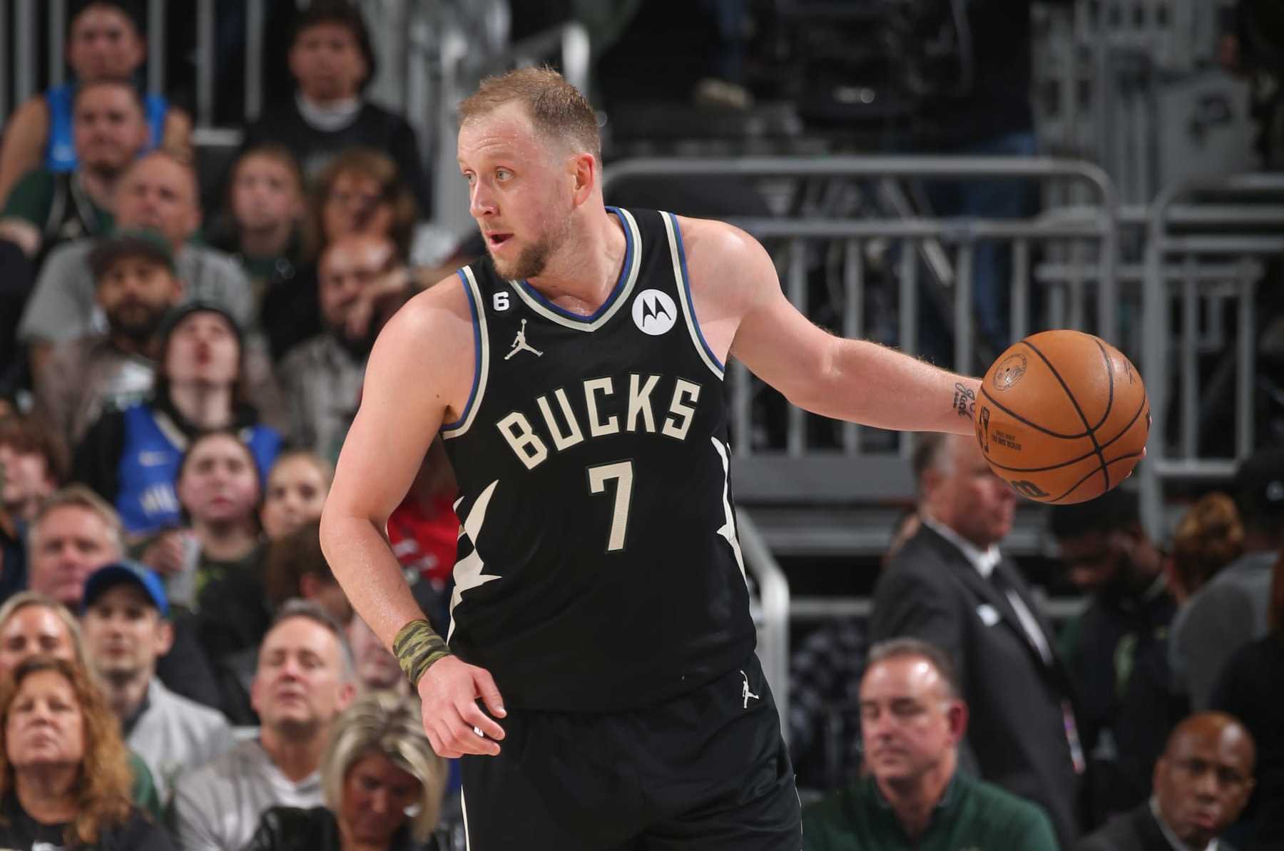 MILWAUKEE, WI - APRIL 19: Joe Ingles #7 of the Milwaukee Bucks handles the ball during the game during round one game two of the 2023 NBA Playoffs on April 19, 2023 at the Fiserv Forum Center in Milwaukee, Wisconsin. NOTE TO USER: User expressly acknowledges and agrees that, by downloading and or using this Photograph, user is consenting to the terms and conditions of the Getty Images License Agreement. Mandatory Copyright Notice: Copyright 2023 NBAE (Photo by Gary Dineen/NBAE via Getty Images). MILWAUKEE, WI - APRIL 19: Joe Ingles #7 of the Milwaukee Bucks handles the ball during the game during round one game two of the 2023 NBA Playoffs on April 19, 2023 at the Fiserv Forum Center in Milwaukee, Wisconsin. NOTE TO USER: User expressly acknowledges and agrees that, by downloading and or using this Photograph, user is consenting to the terms and conditions of the Getty Images License Agreement. Mandatory Copyright Notice: Copyright 2023 NBAE (Photo by Gary Dineen/NBAE via Getty Images).