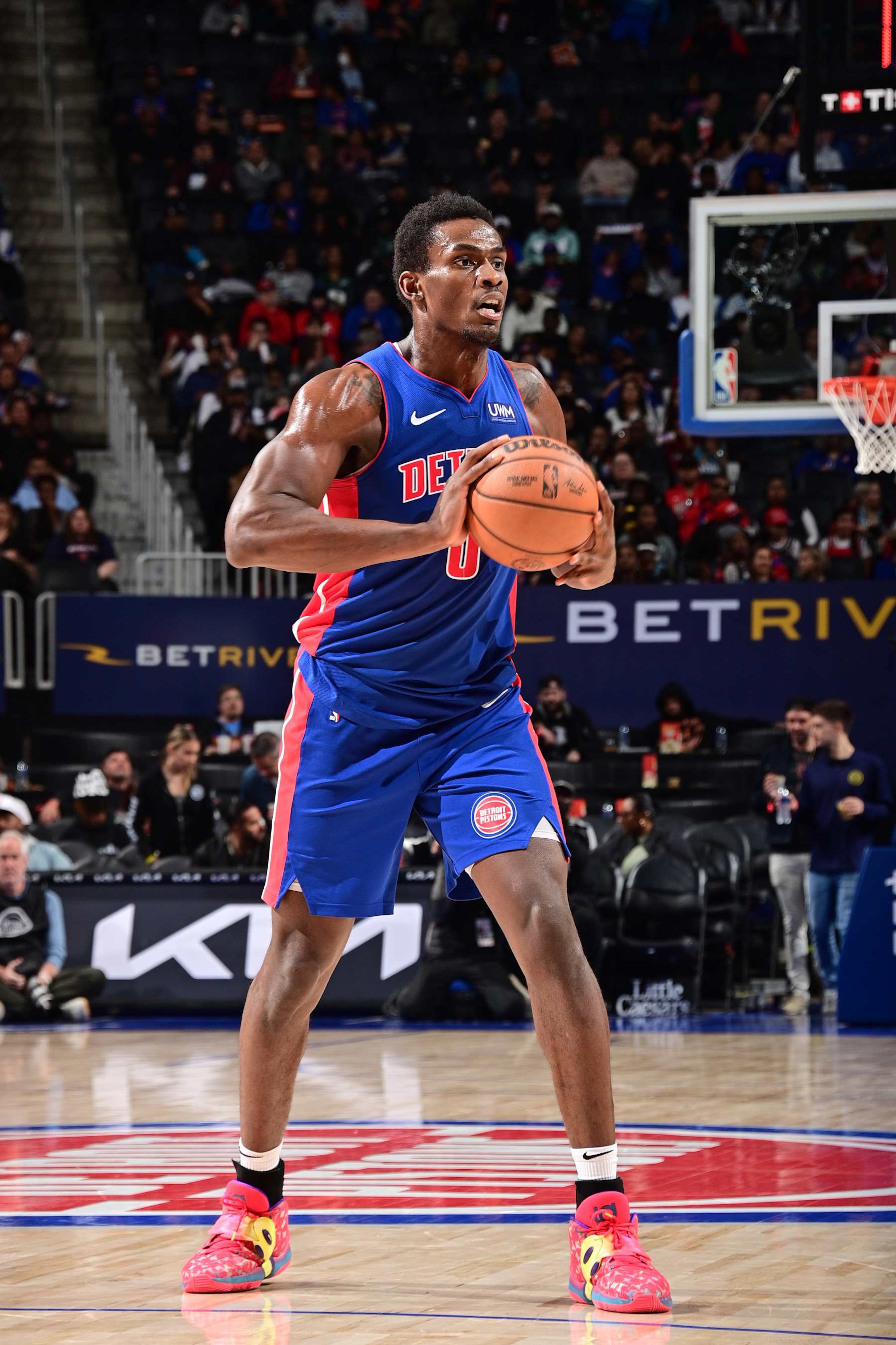 DETROIT, MI - APRIL 11: Jalen Duren #0 of the Detroit Pistons looks to pass the ball during the game against the Chicago Bulls on April 11, 2024 at Little Caesars Arena in Detroit, Michigan. NOTE TO USER: User expressly acknowledges and agrees that, by downloading and/or using this photograph, User is consenting to the terms and conditions of the Getty Images License Agreement. Mandatory Copyright Notice: Copyright 2024 NBAE (Photo by Chris Schwegler/NBAE via Getty Images) DETROIT, MI - APRIL 11: Jalen Duren #0 of the Detroit Pistons looks to pass the ball during the game against the Chicago Bulls on April 11, 2024 at Little Caesars Arena in Detroit, Michigan. NOTE TO USER: User expressly acknowledges and agrees that, by downloading and/or using this photograph, User is consenting to the terms and conditions of the Getty Images License Agreement. Mandatory Copyright Notice: Copyright 2024 NBAE (Photo by Chris Schwegler/NBAE via Getty Images)