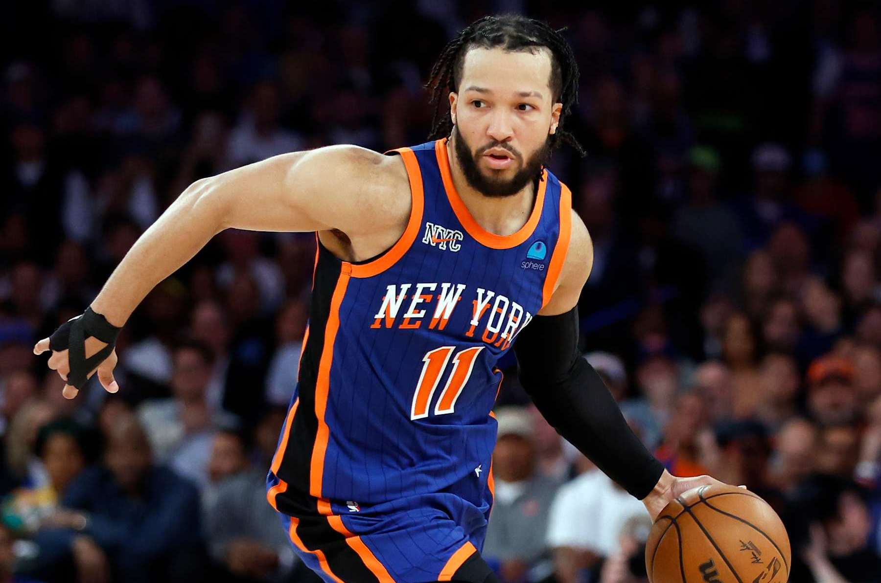 NEW YORK, NEW YORK - MAY 14: Jalen Brunson #11 of the New York Knicks dribbles during Game Five of the Eastern Conference Second Round Playoffs against the Indiana Pacers at Madison Square Garden on May 14, 2024 in New York City. The Knicks won 121-91. NOTE TO USER: User expressly acknowledges and agrees that, by downloading and or using this photograph, User is consenting to the terms and conditions of the Getty Images License Agreement. (Photo by Sarah Stier/Getty Images)