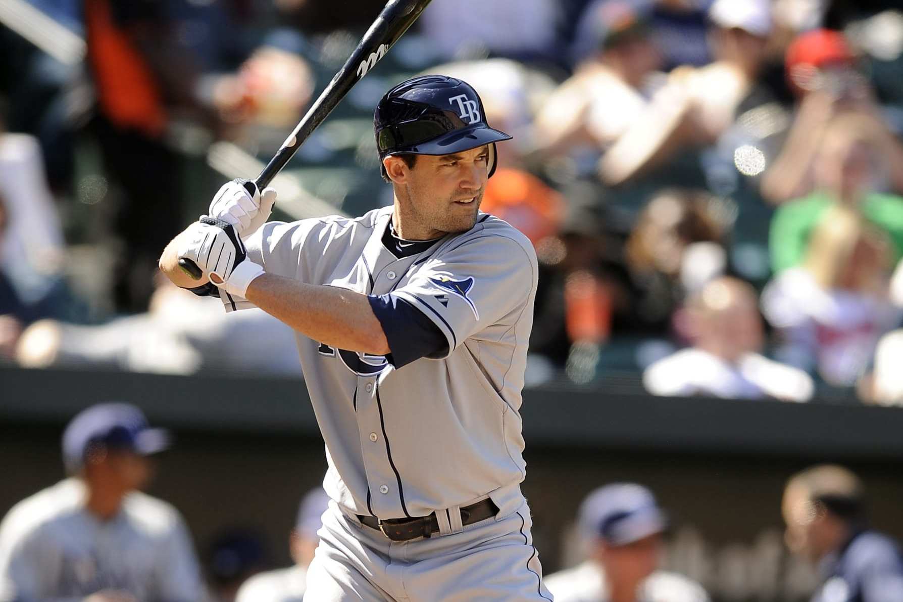 BALTIMORE - APRIL 14: Pat Burrell #5 of the Tampa Bay Rays bats against the Baltimore Orioles on April 14, 2010 at Camden Yards in Baltimore, Maryland. (Photo by G Fiume/Getty Images)
