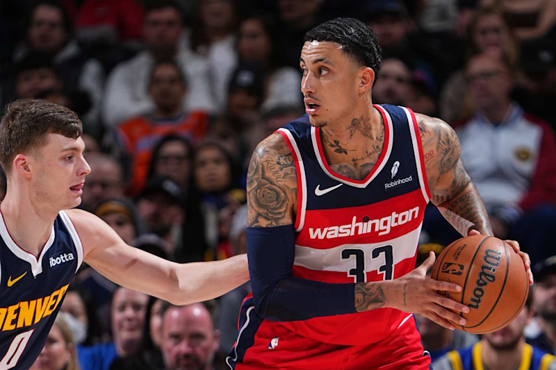 DENVER, CO - FEBRUARY 22: Kyle Kuzma #33 of the Washington Wizards handles the ball during the game against the Denver Nuggets on February 22, 2024 at the Ball Arena in Denver, Colorado. NOTE TO USER: User expressly acknowledges and agrees that, by downloading and/or using this Photograph, user is consenting to the terms and conditions of the Getty Images License Agreement. Mandatory Copyright Notice: Copyright 2024 NBAE (Photo by Garrett Ellwood/NBAE via Getty Images)