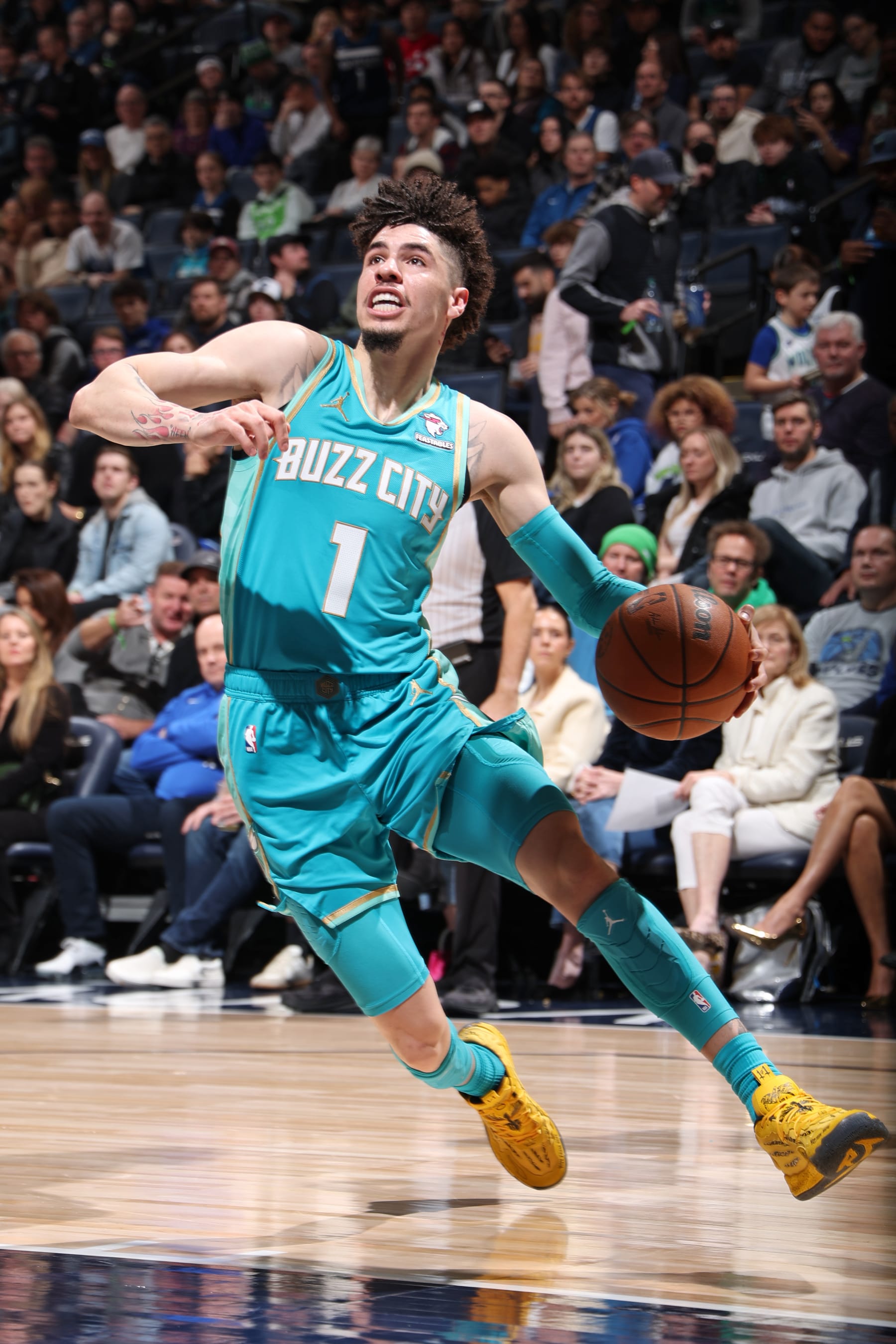 MINNEAPOLIS, MN -  JANUARY 22: LaMelo Ball #1 of the Charlotte Hornets dribbles the ball during the game against the Minnesota Timberwolves on January 22, 2024 at Target Center in Minneapolis, Minnesota. NOTE TO USER: User expressly acknowledges and agrees that, by downloading and or using this Photograph, user is consenting to the terms and conditions of the Getty Images License Agreement. Mandatory Copyright Notice: Copyright 2024 NBAE (Photo by David Sherman/NBAE via Getty Images)
