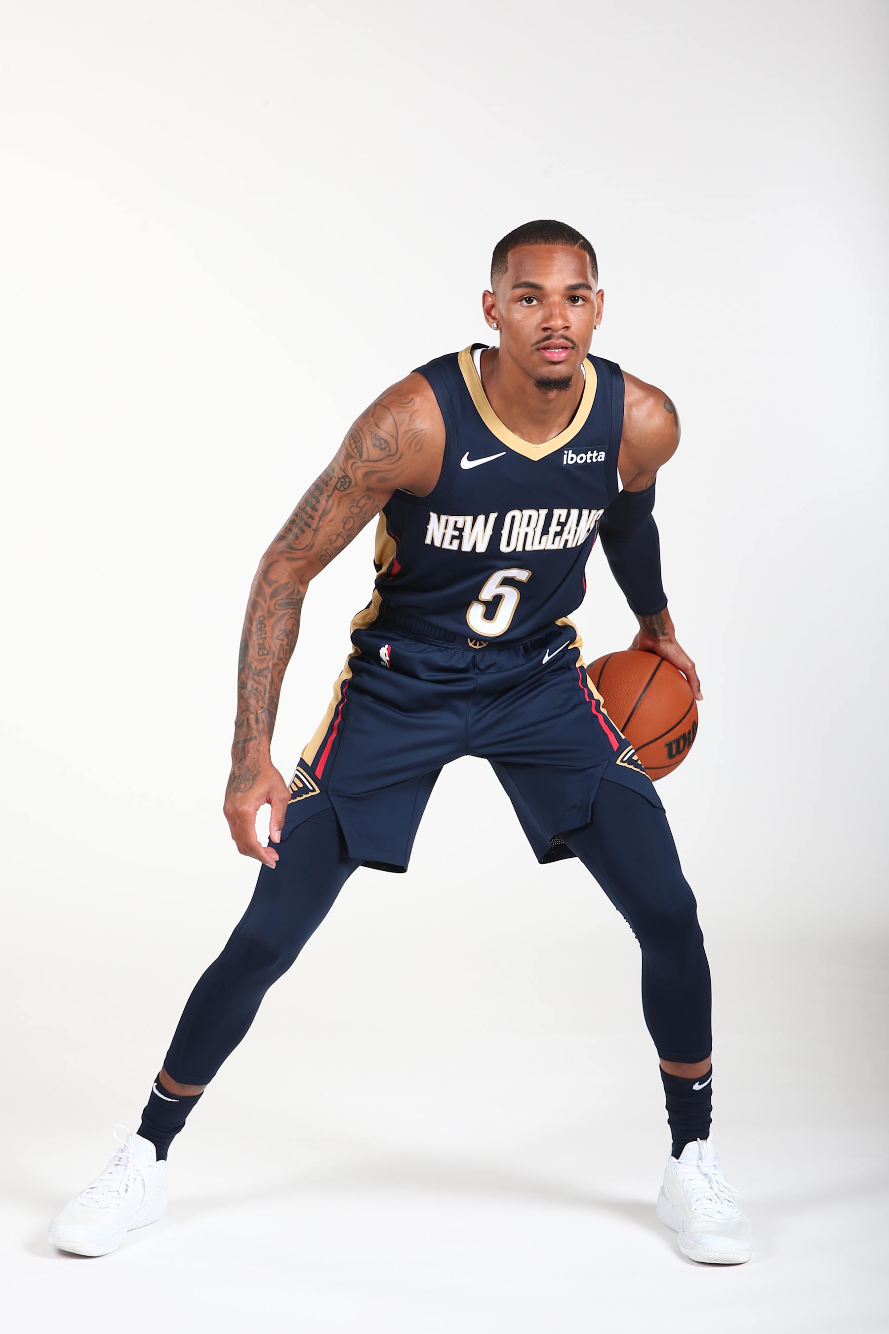 NEW ORLEANS, LA - JULY 9: Dejounte Murray #5 of the New Orleans Pelicans poses for a portrait at the Ochsner Sports Performance Center in Metairie, Louisiana. NOTE TO USER: User expressly acknowledges and agrees that, by downloading and or using this Photograph, user is consenting to the terms and conditions of the Getty Images License Agreement. Mandatory Copyright Notice: Copyright 2024 NBAE (Photo by Derick Hingle/NBAE via Getty Images)