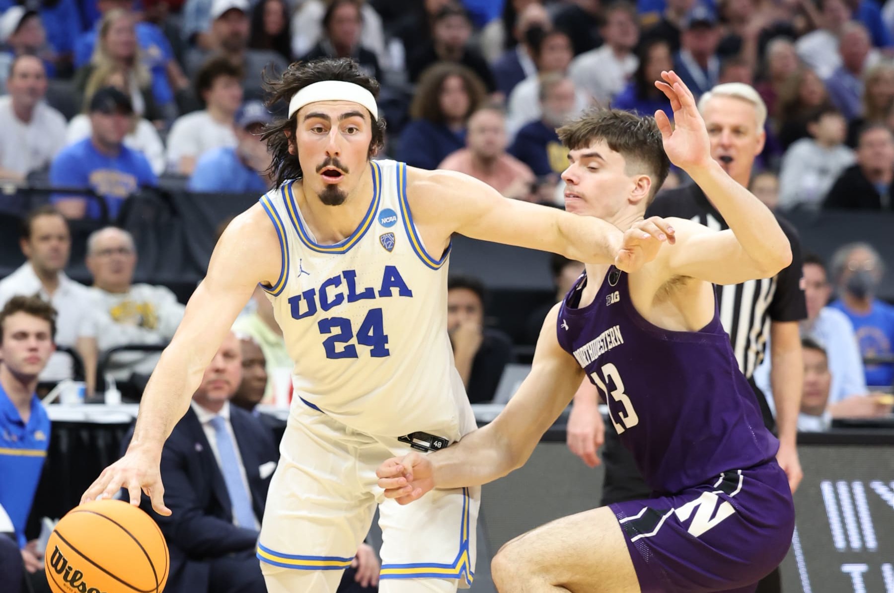 SACRAMENTO, CALIFORNIA - MARCH 18: Jaime Jaquez Jr. #24 of the UCLA Bruins drives to the basket during the second half against the Brooks Barnhizer #13 of the Northwestern Wildcats in the second round of the NCAA Men's Basketball Tournament at Golden 1 Center on March 18, 2023 in Sacramento, California. (Photo by Ezra Shaw/Getty Images) SACRAMENTO, CALIFORNIA - MARCH 18: Jaime Jaquez Jr. #24 of the UCLA Bruins drives to the basket during the second half against the Brooks Barnhizer #13 of the Northwestern Wildcats in the second round of the NCAA Men's Basketball Tournament at Golden 1 Center on March 18, 2023 in Sacramento, California. (Photo by Ezra Shaw/Getty Images)