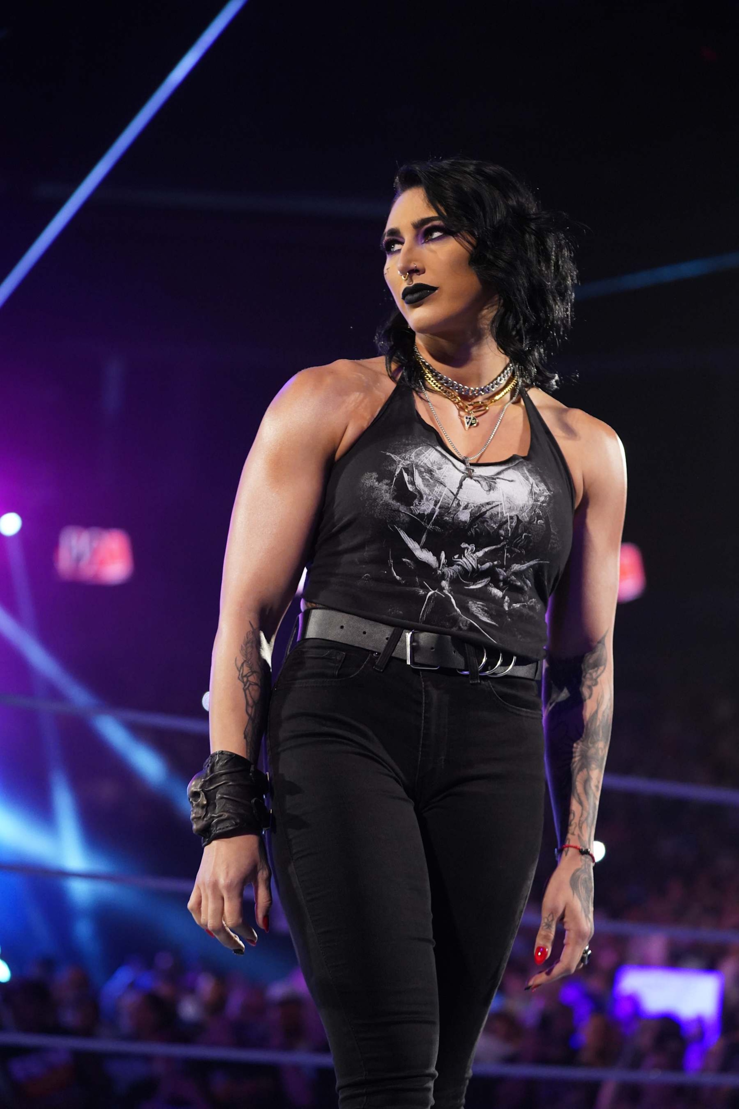 AUSTIN, TEXAS - AUGUST 12: Rhea Ripley makes her entrance during Monday Night RAW at Moody Center on August 12, 2024 in Austin, Texas.  (Photo by WWE/Getty Images)