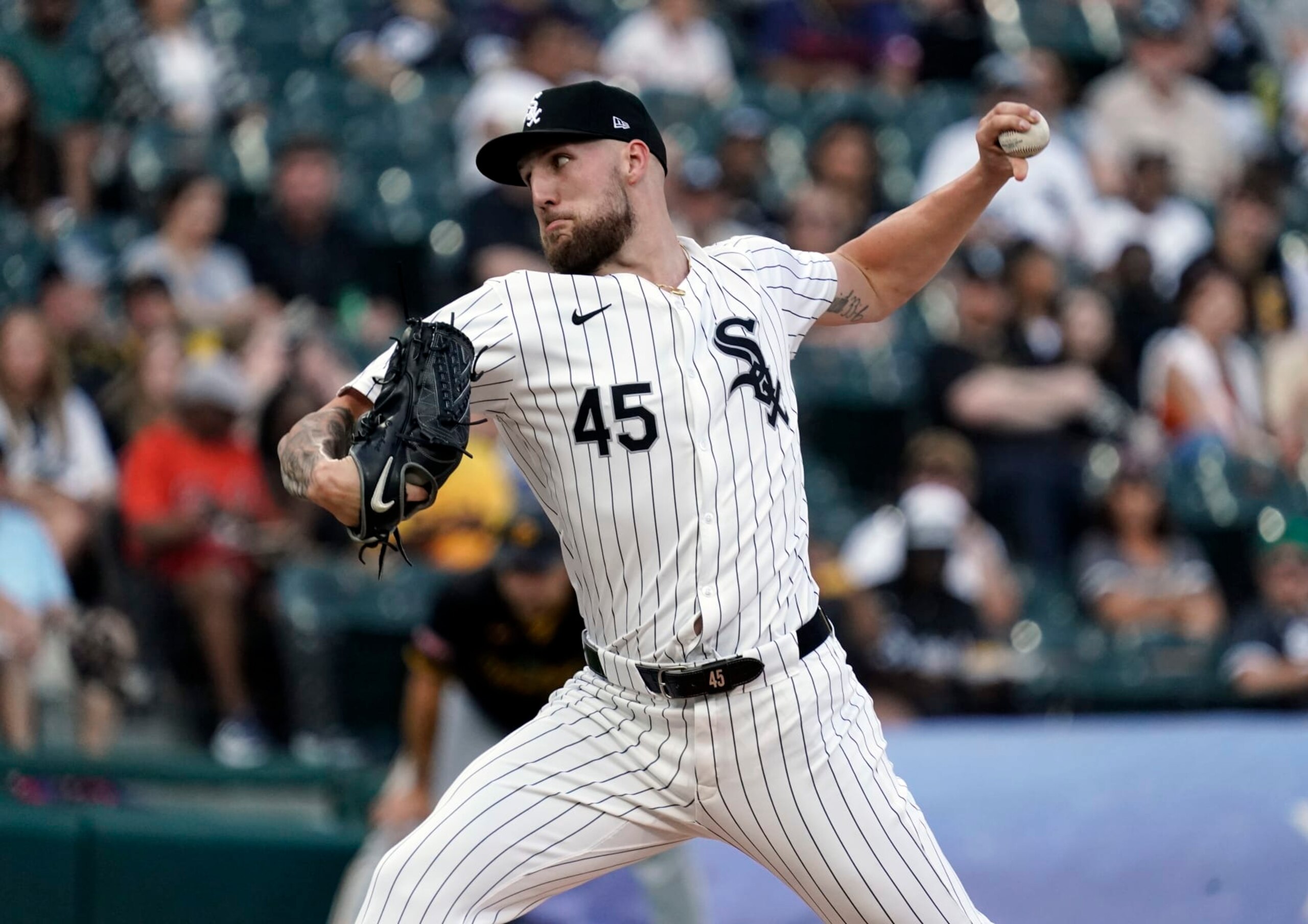 CHICAGO, ILLINOIS - JULY 12: Garrett Crochet #45 of the Chicago White Sox pitches against the Pittsburgh Pirates at Guaranteed Rate Field on July 12, 2024 in Chicago, Illinois. (Photo by Nuccio DiNuzzo/Getty Images)