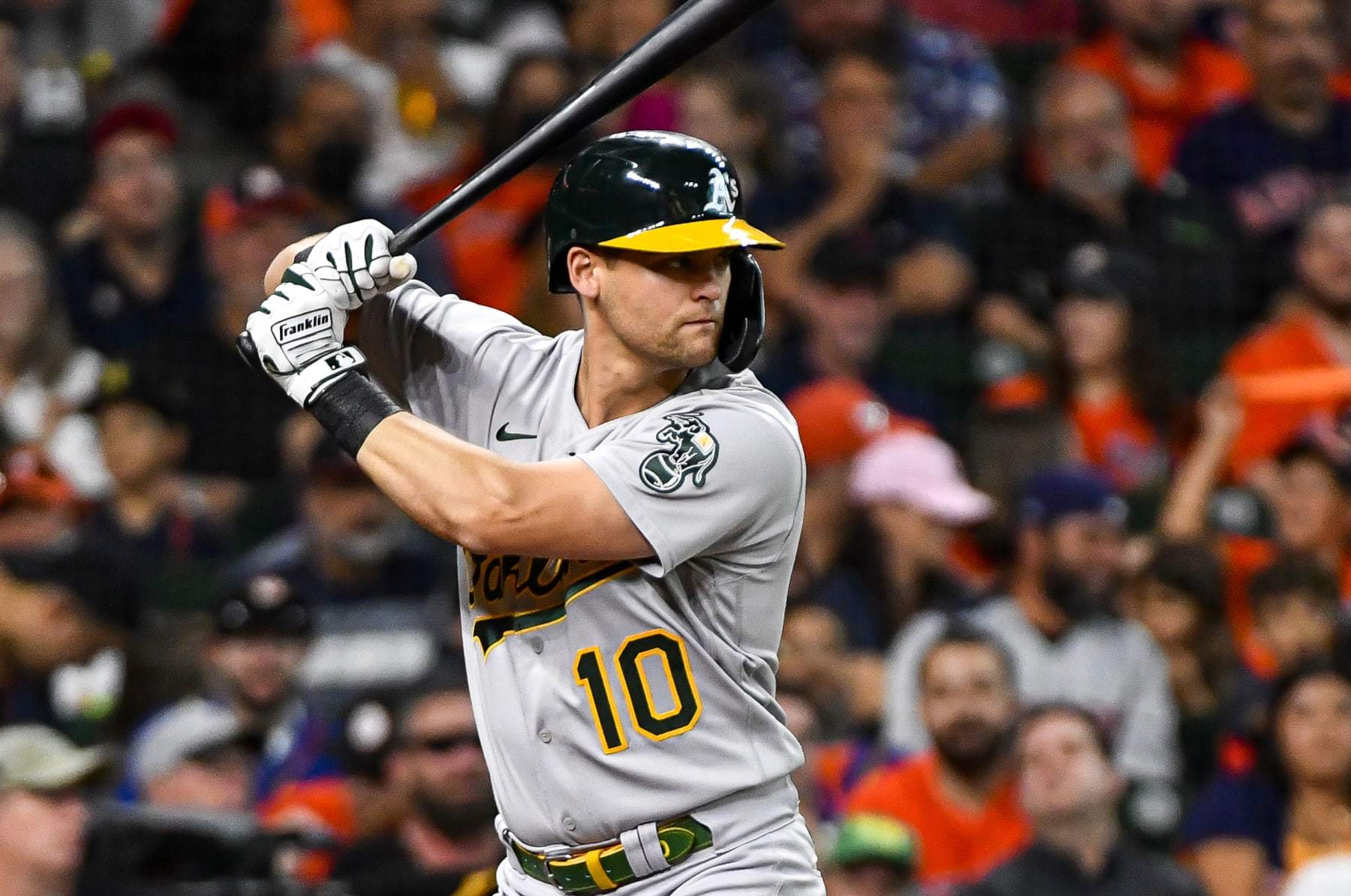 HOUSTON, TEXAS - JULY 15: Chad Pinder #10 of the Oakland Athletics bats against the Houston Astros at Minute Maid Park on July 15, 2022 in Houston, Texas. (Photo by Logan Riely/Getty Images)