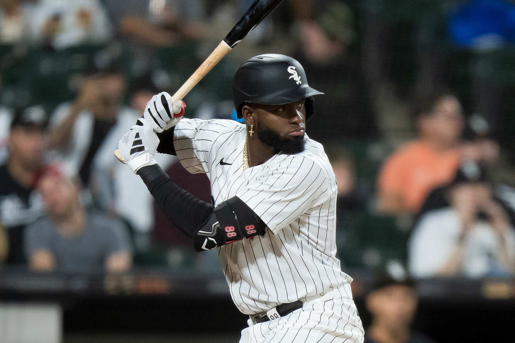 CHICAGO, ILLINOIS - SEPTEMBER 25: Luis Robert, Jr #88 of the Chicago White Sox bats in a game against the Los Angeles Angels at Guaranteed Rate Field on September 25, 2024 in Chicago, Illinois. (Photo by Matt Dirksen/Getty Images)